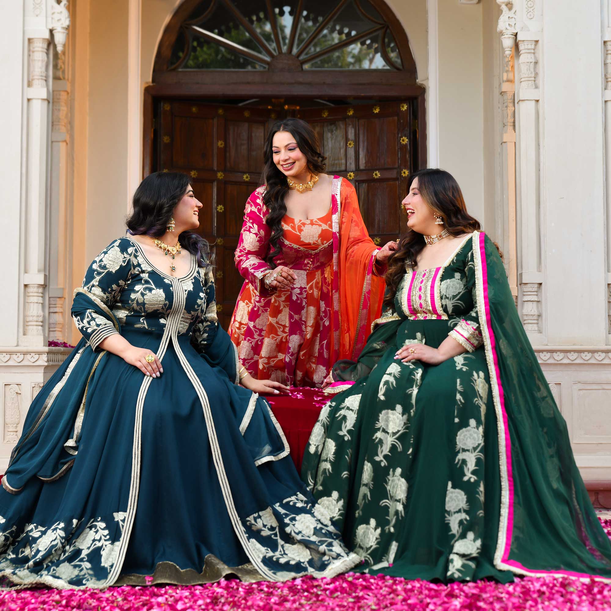 Ambrai- Teal Blue Banarasi Pure Georgette Anarkali Skirt Set