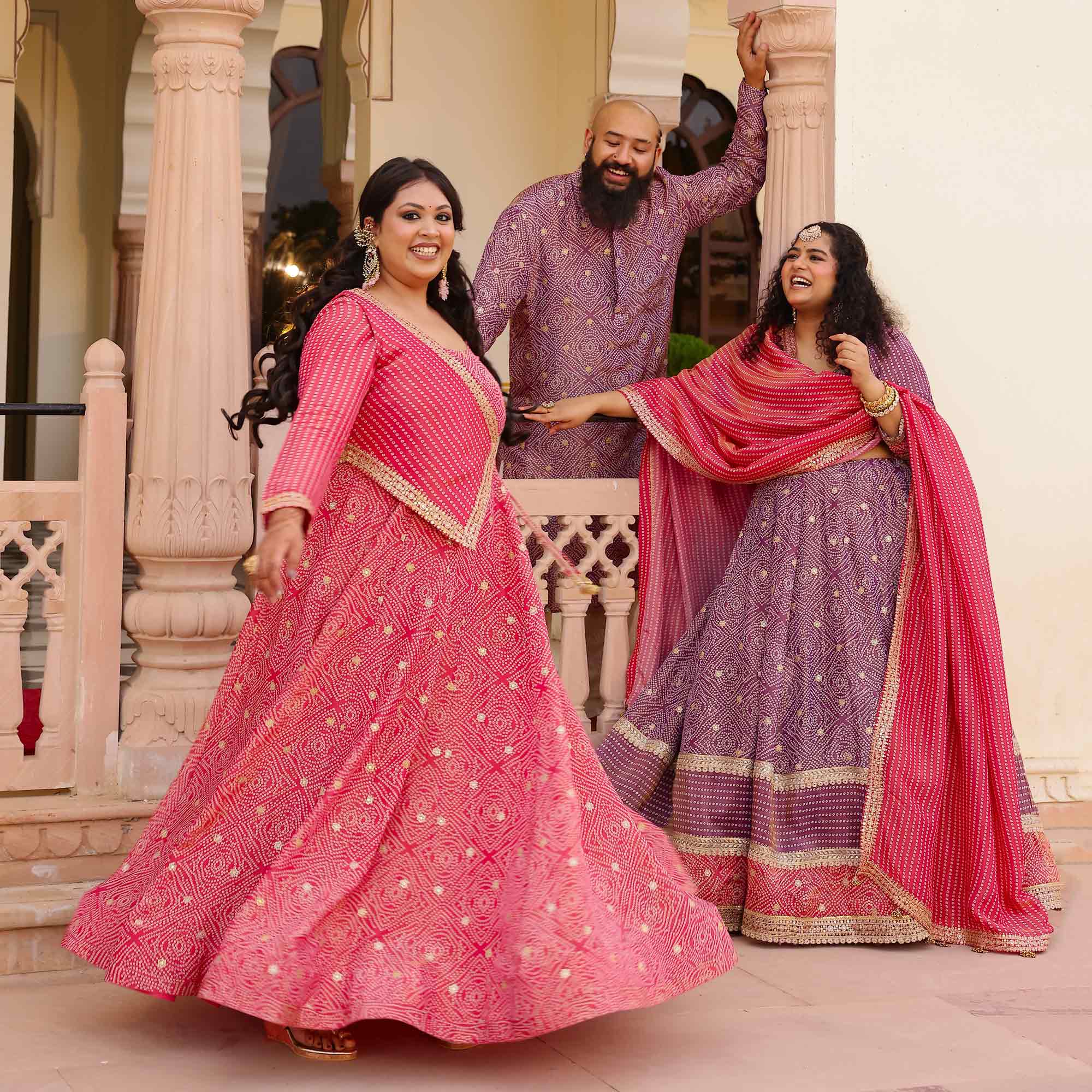 Shahi Tukda Purple Bandhani Pure Tissue Silk Lehenga Set