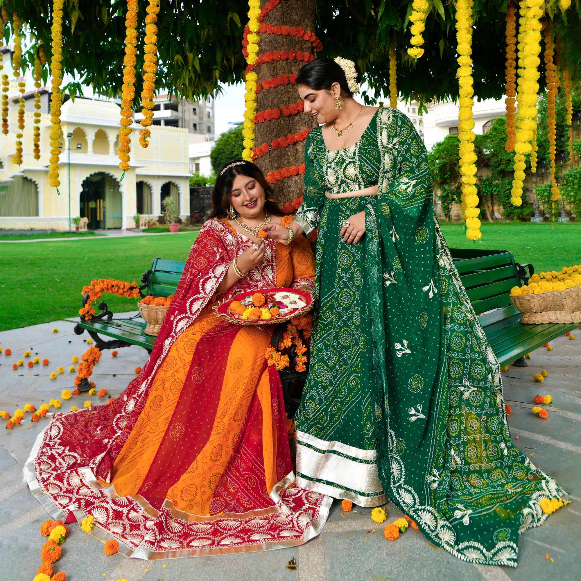 Vrinda- Deep Green Bandhani Gota Georgette Lehenga Set