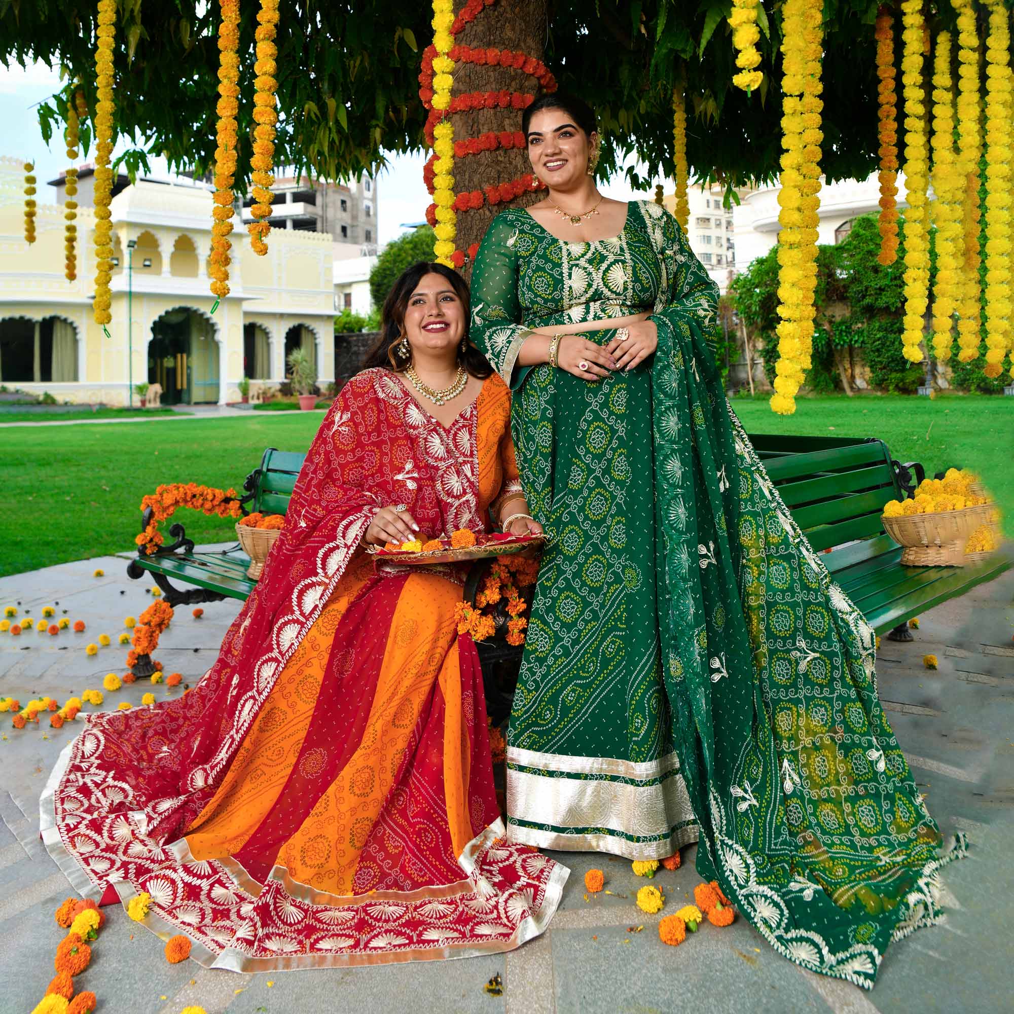 Rang Taal- Red & Mustard Bandhani Gota Georgette Anarkali Set