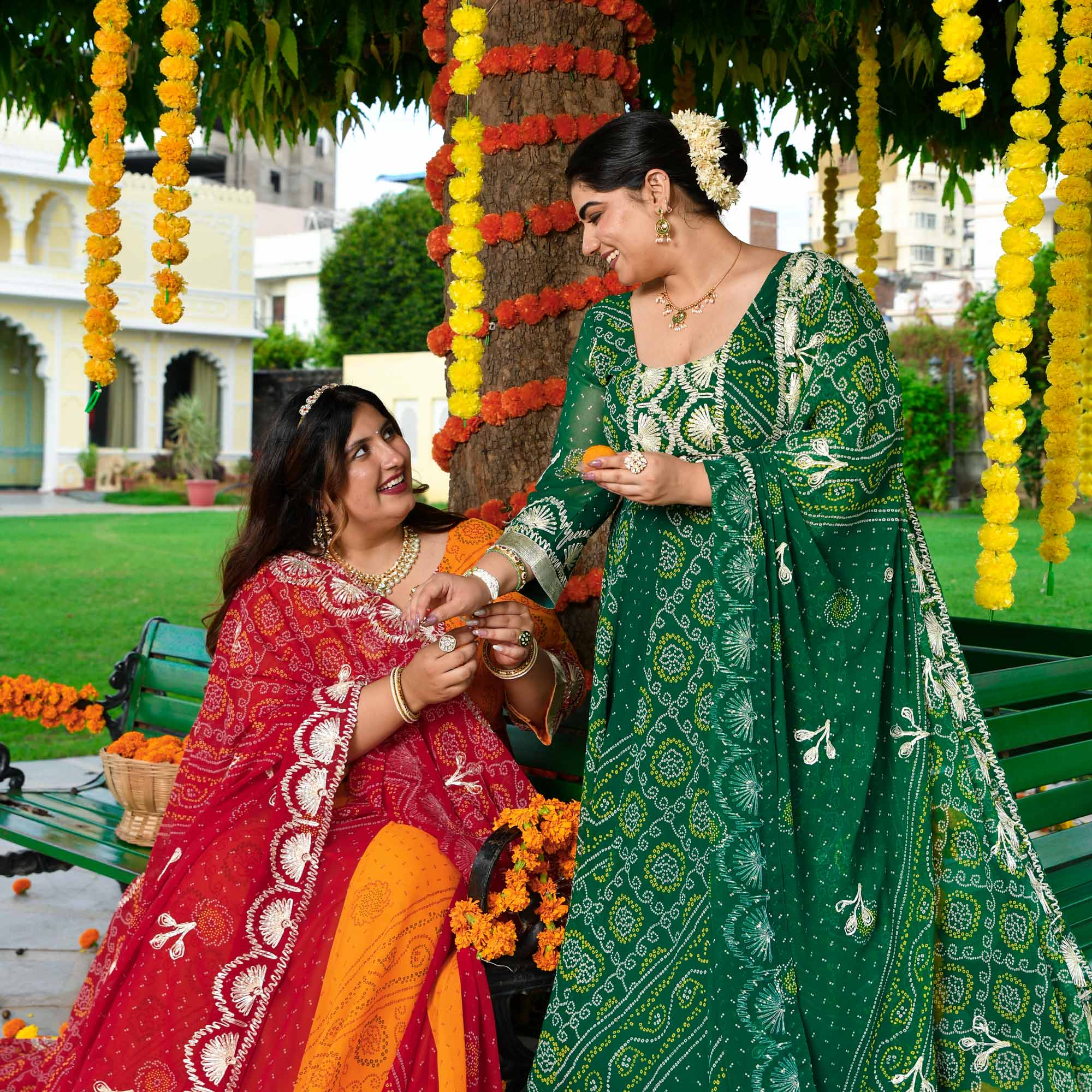 Vrinda- Deep Green Bandhani Gota Georgette Lehenga Set