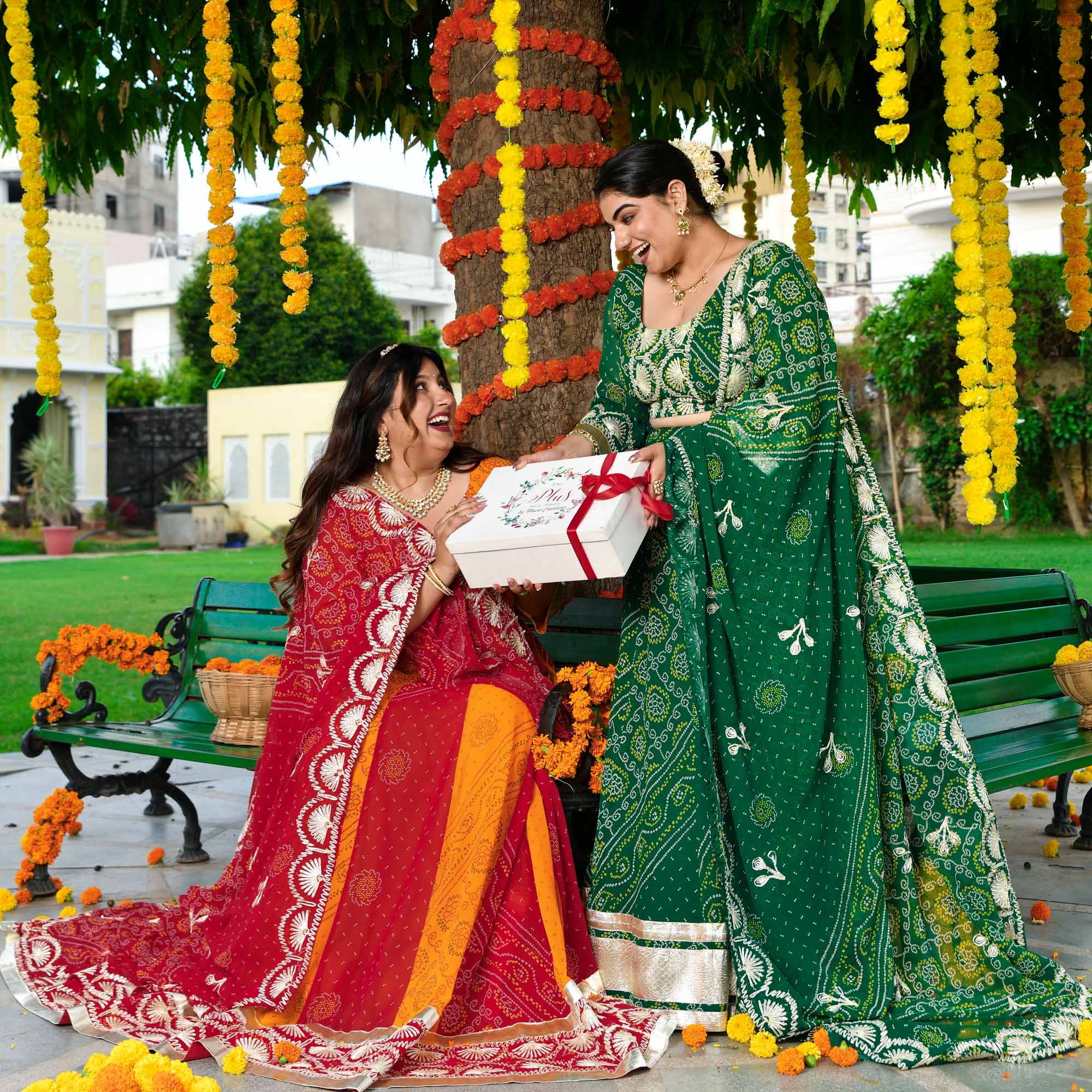 Vrinda- Deep Green Bandhani Gota Georgette Lehenga Set