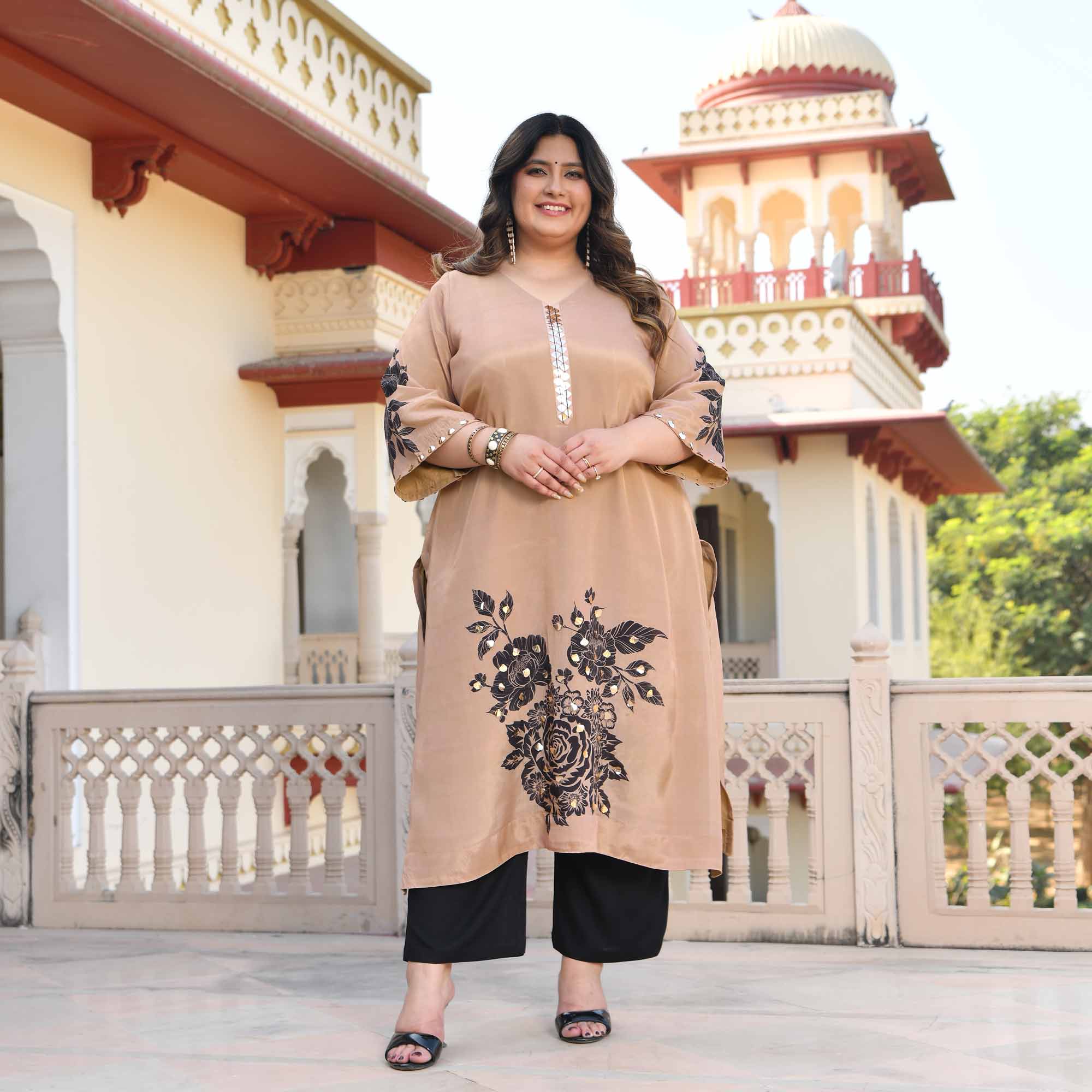 Sandy Flora- Beige Floral Pure Organza Satin Kurta