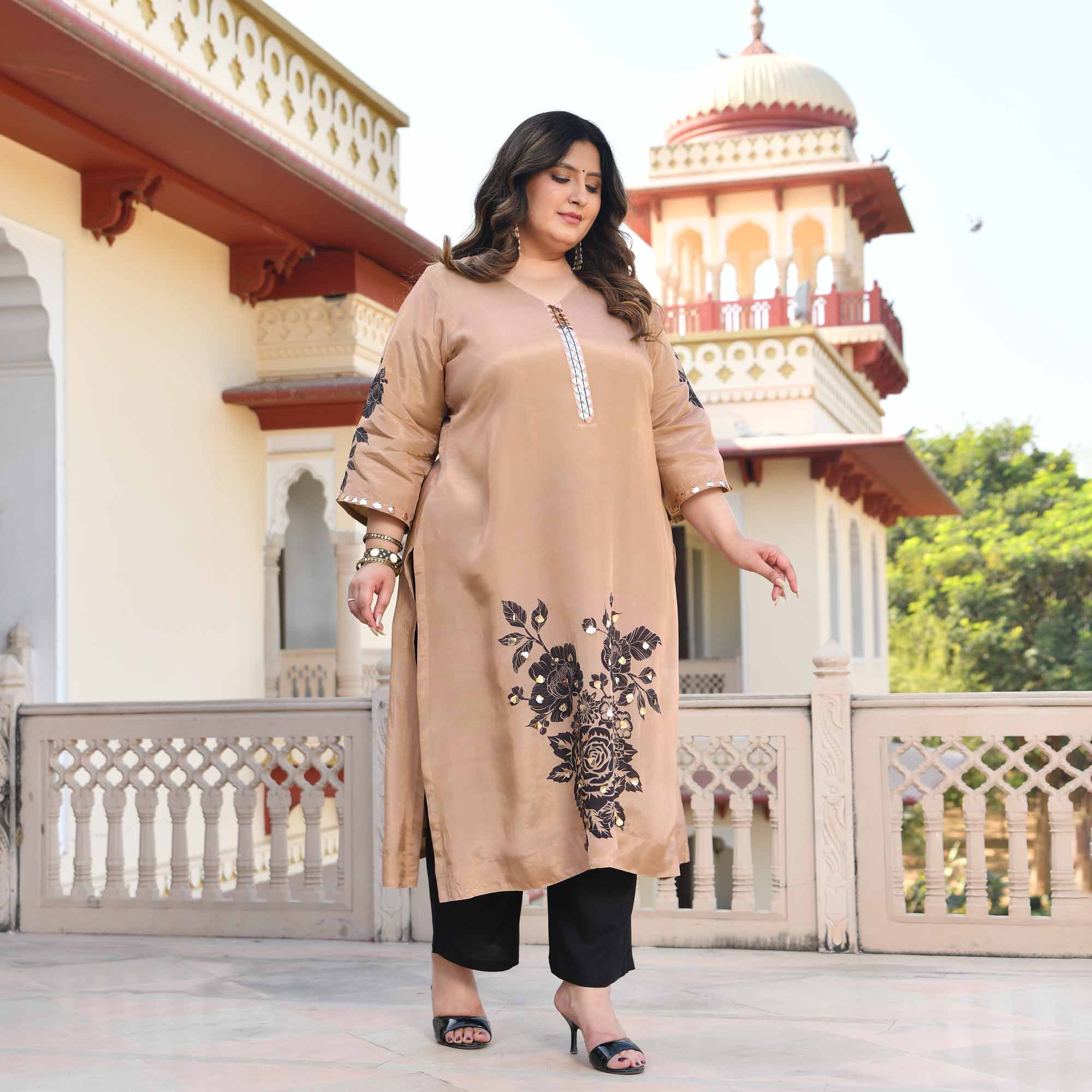 Sandy Flora- Beige Floral Pure Organza Satin Kurta