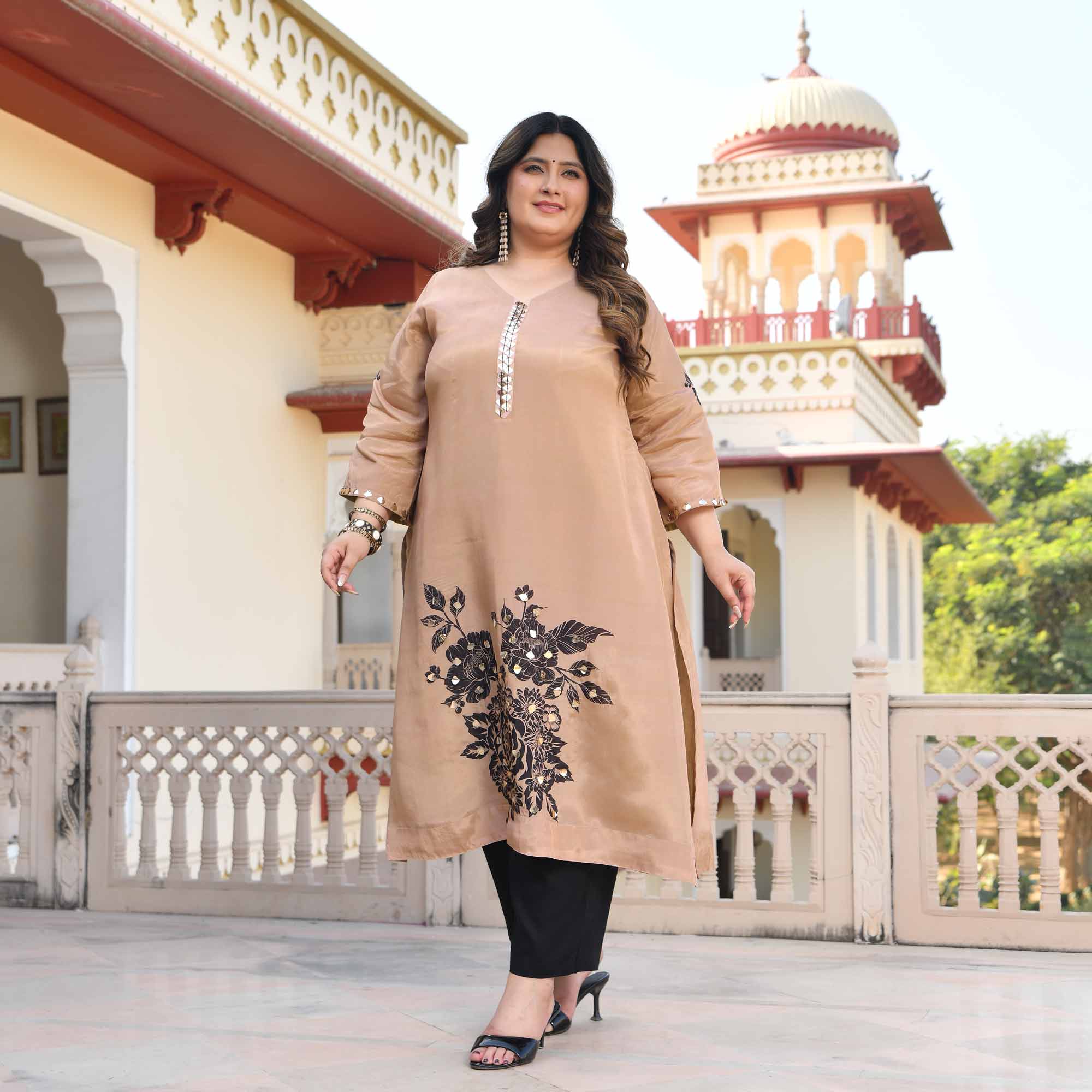 Sandy Flora- Beige Floral Pure Organza Satin Kurta