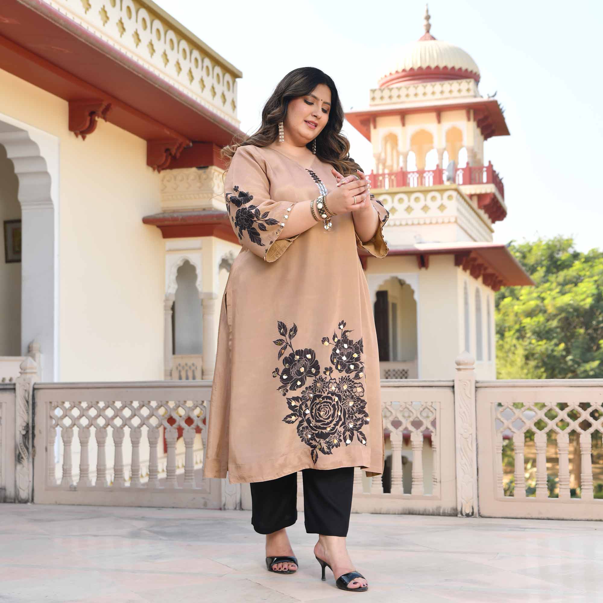 Sandy Flora- Beige Floral Pure Organza Satin Kurta
