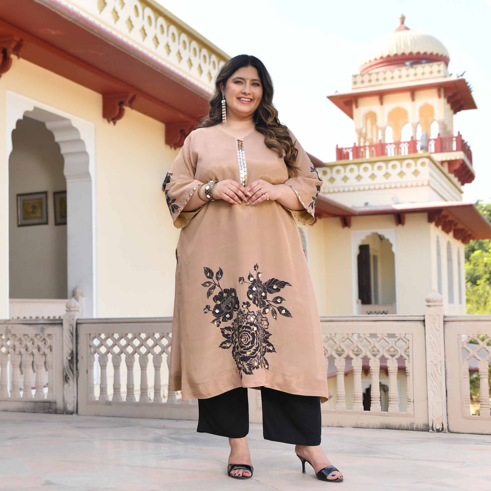 Sandy Flora- Beige Floral Pure Organza Satin Kurta