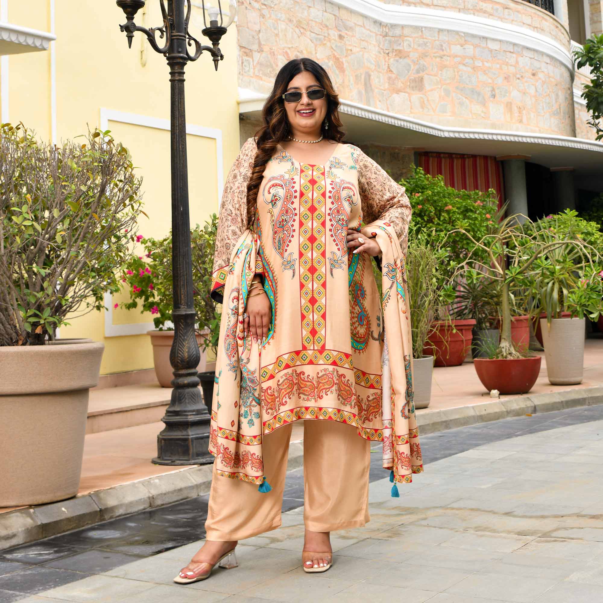 Madhuri- Biscuit Paisley Print Pure Muslin Suit Set