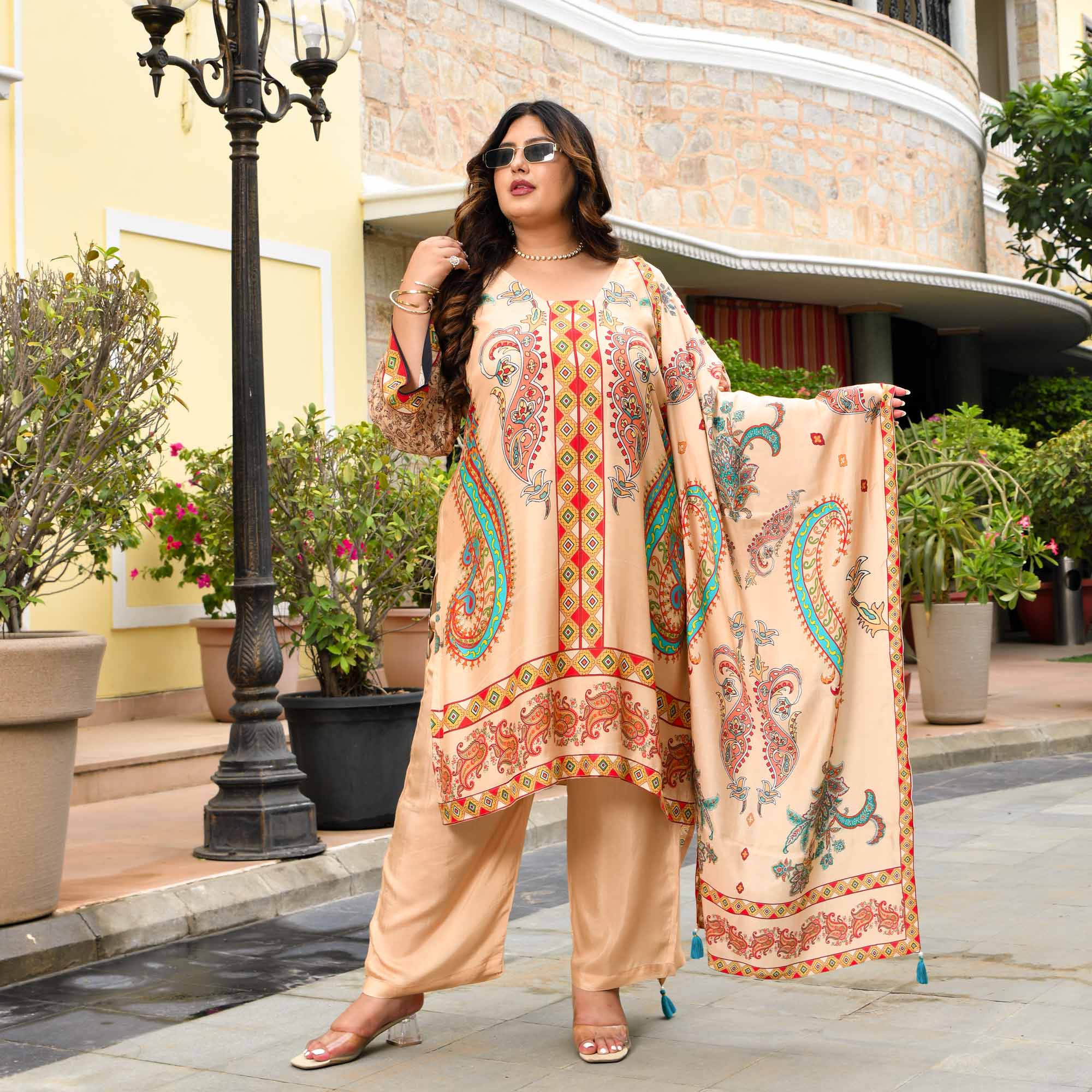 Madhuri- Biscuit Paisley Print Pure Muslin Suit Set