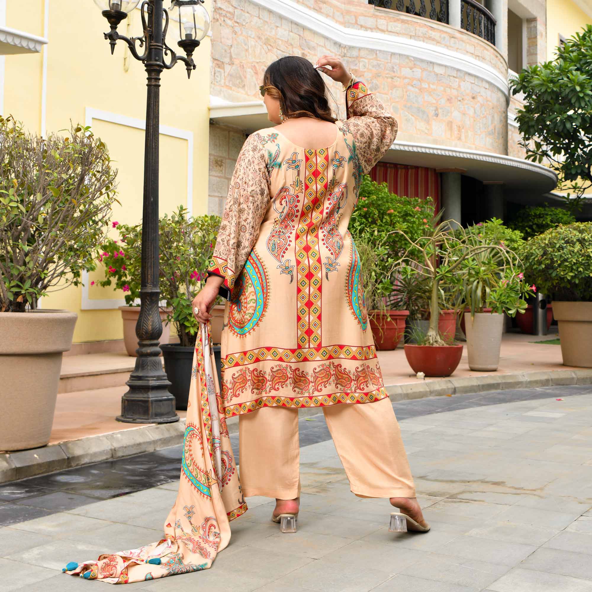 Madhuri- Biscuit Paisley Print Pure Muslin Suit Set