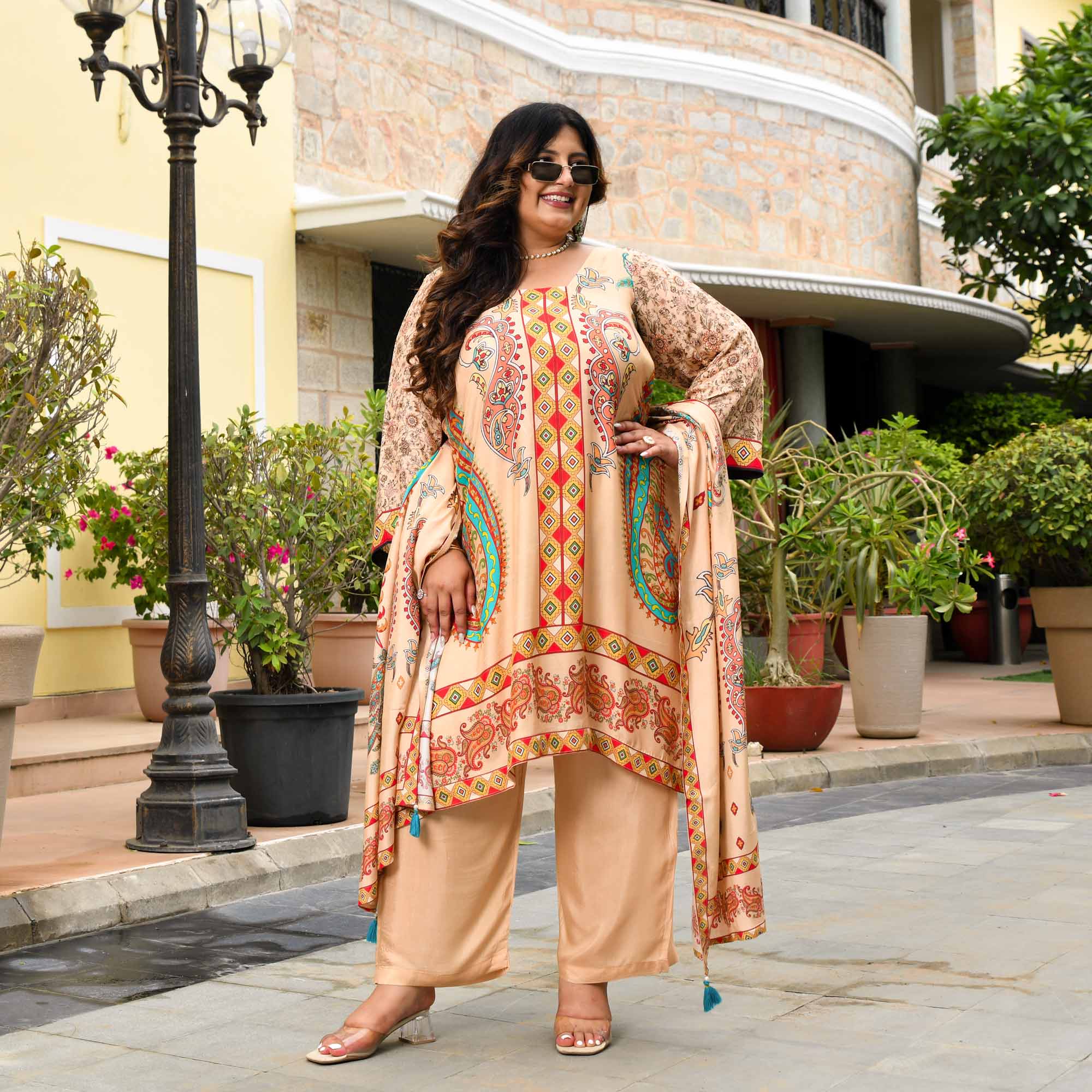 Madhuri- Biscuit Paisley Print Pure Muslin Suit Set