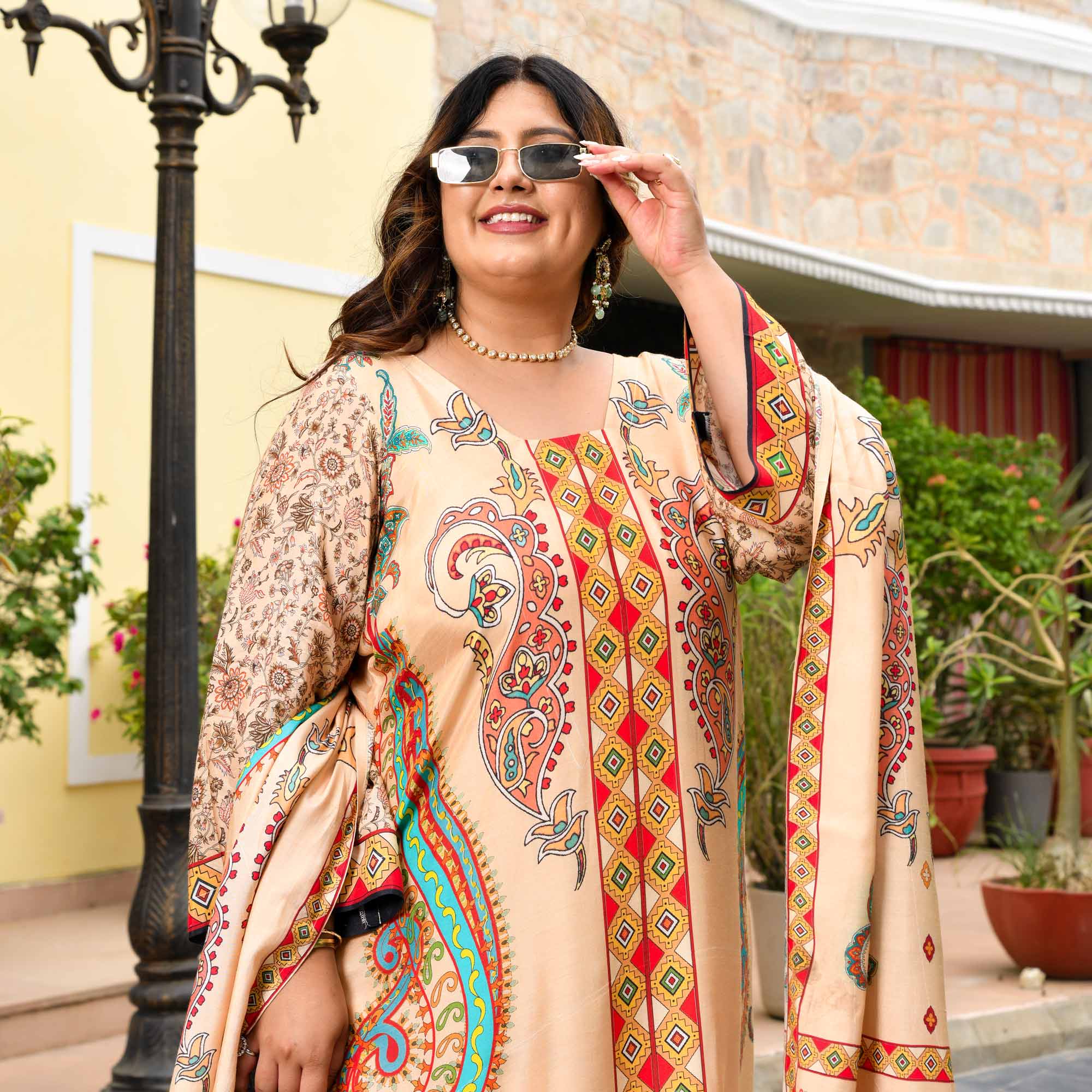 Madhuri- Biscuit Paisley Print Pure Muslin Suit Set