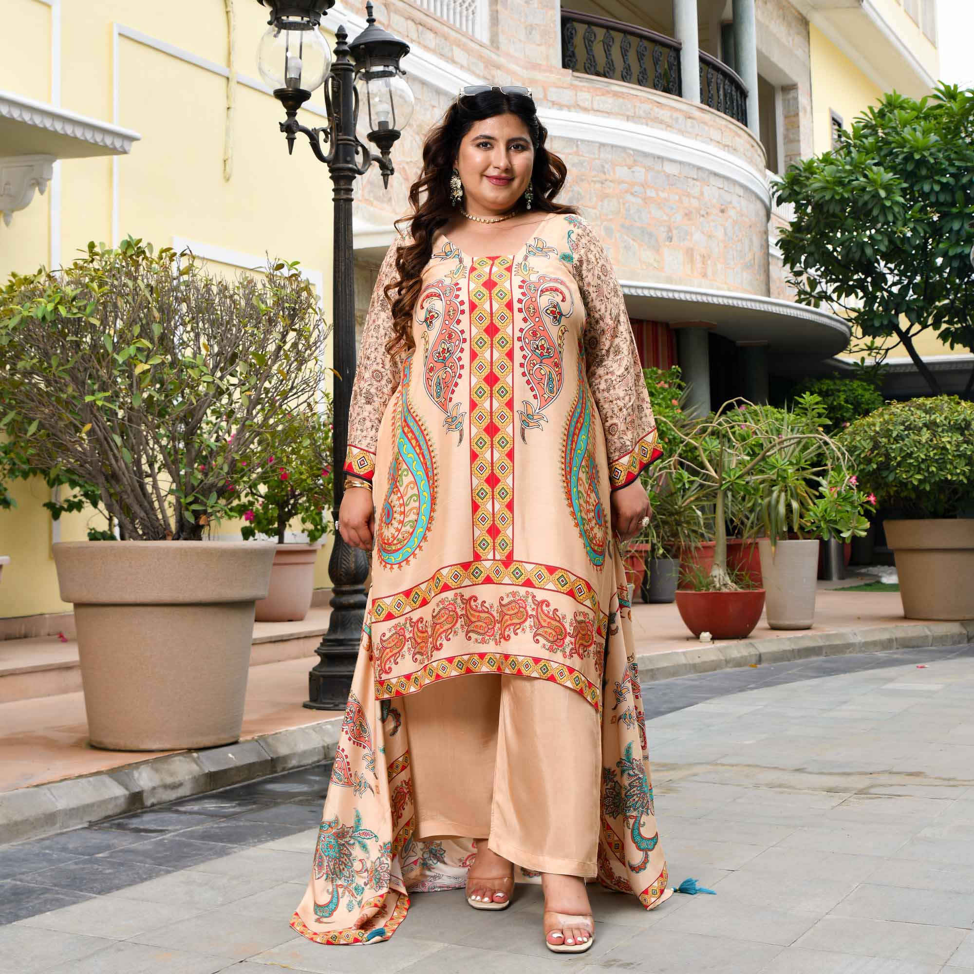 Madhuri- Biscuit Paisley Print Pure Muslin Suit Set