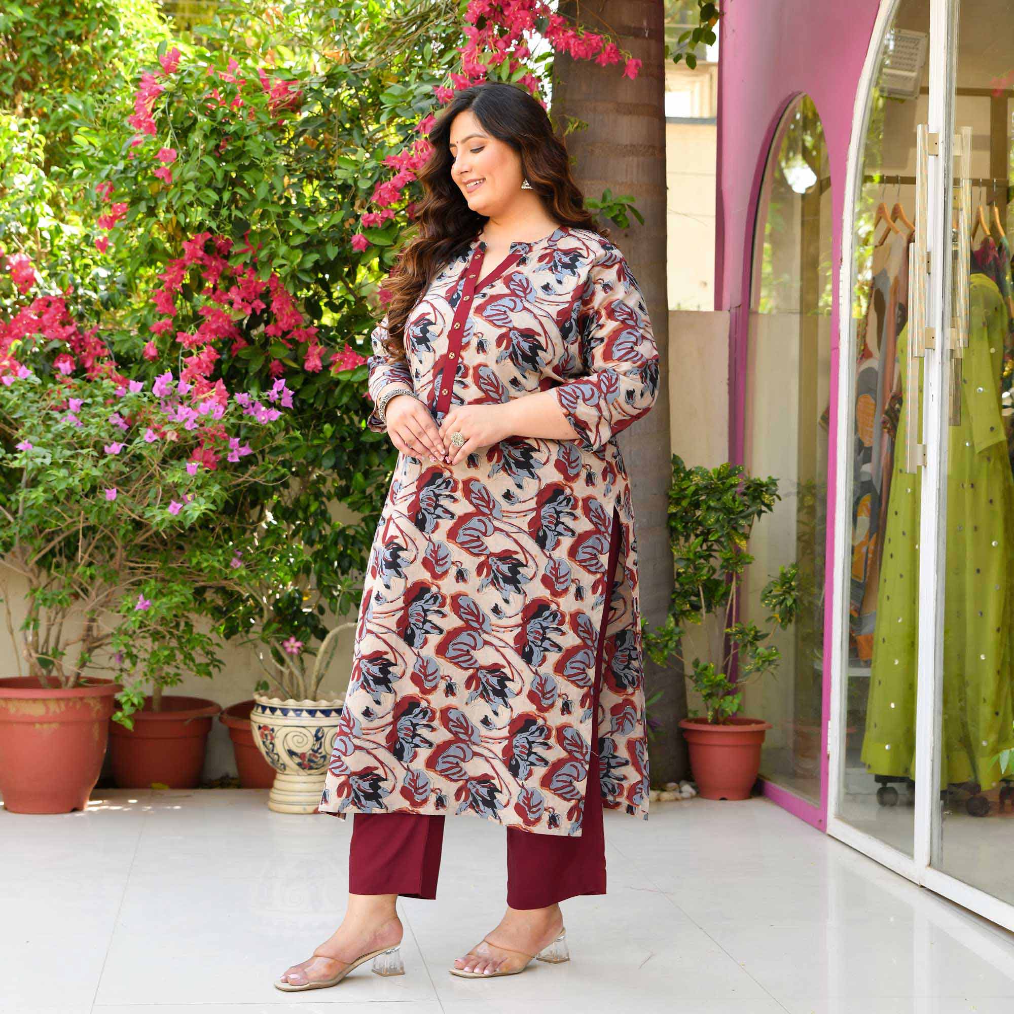Ginger- Blue & Maroon Floral Printed Pure Cotton Kurta