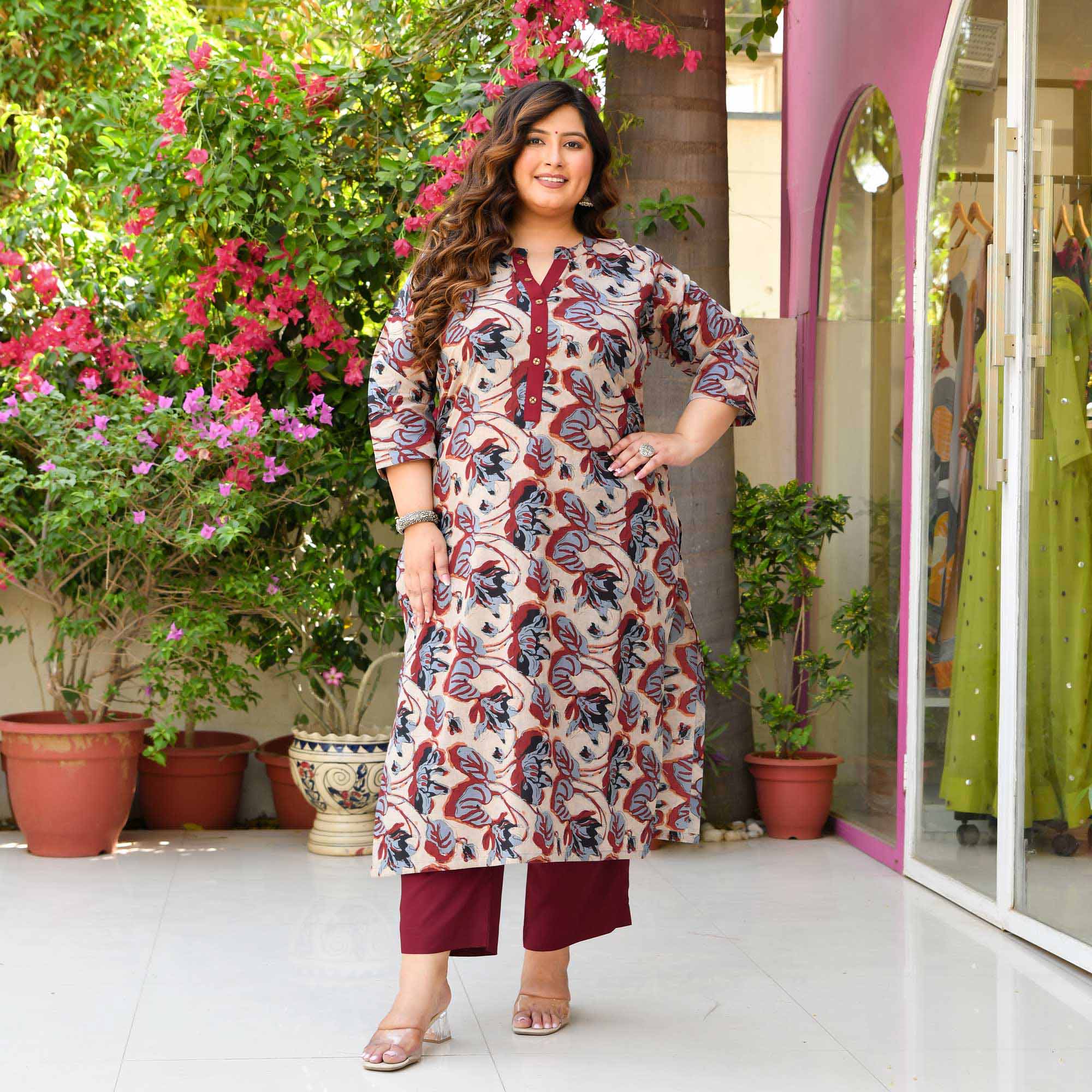 Ginger- Blue & Maroon Floral Printed Pure Cotton Kurta