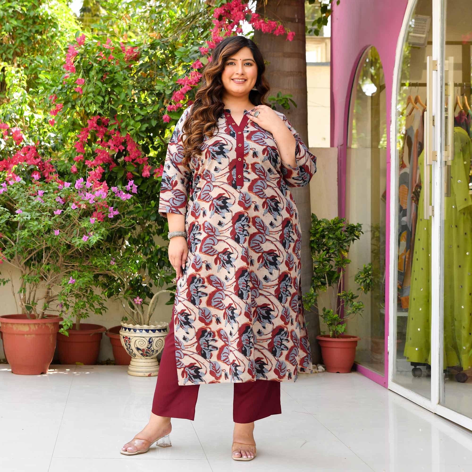 Ginger- Blue & Maroon Floral Printed Pure Cotton Kurta