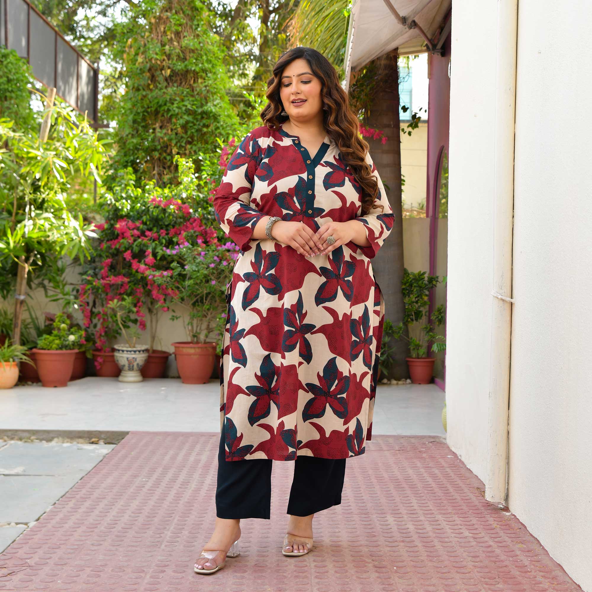 Hues of Heart- Blue & Maroon Floral Printed Pure Cotton Kurta