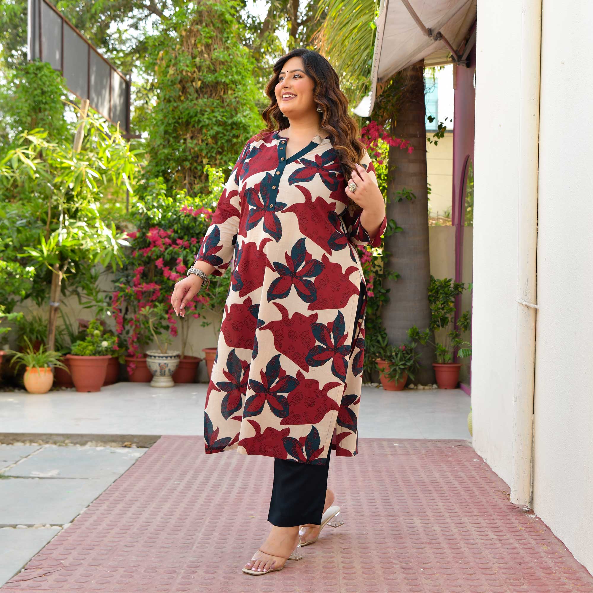 Hues of Heart- Blue & Maroon Floral Printed Pure Cotton Kurta