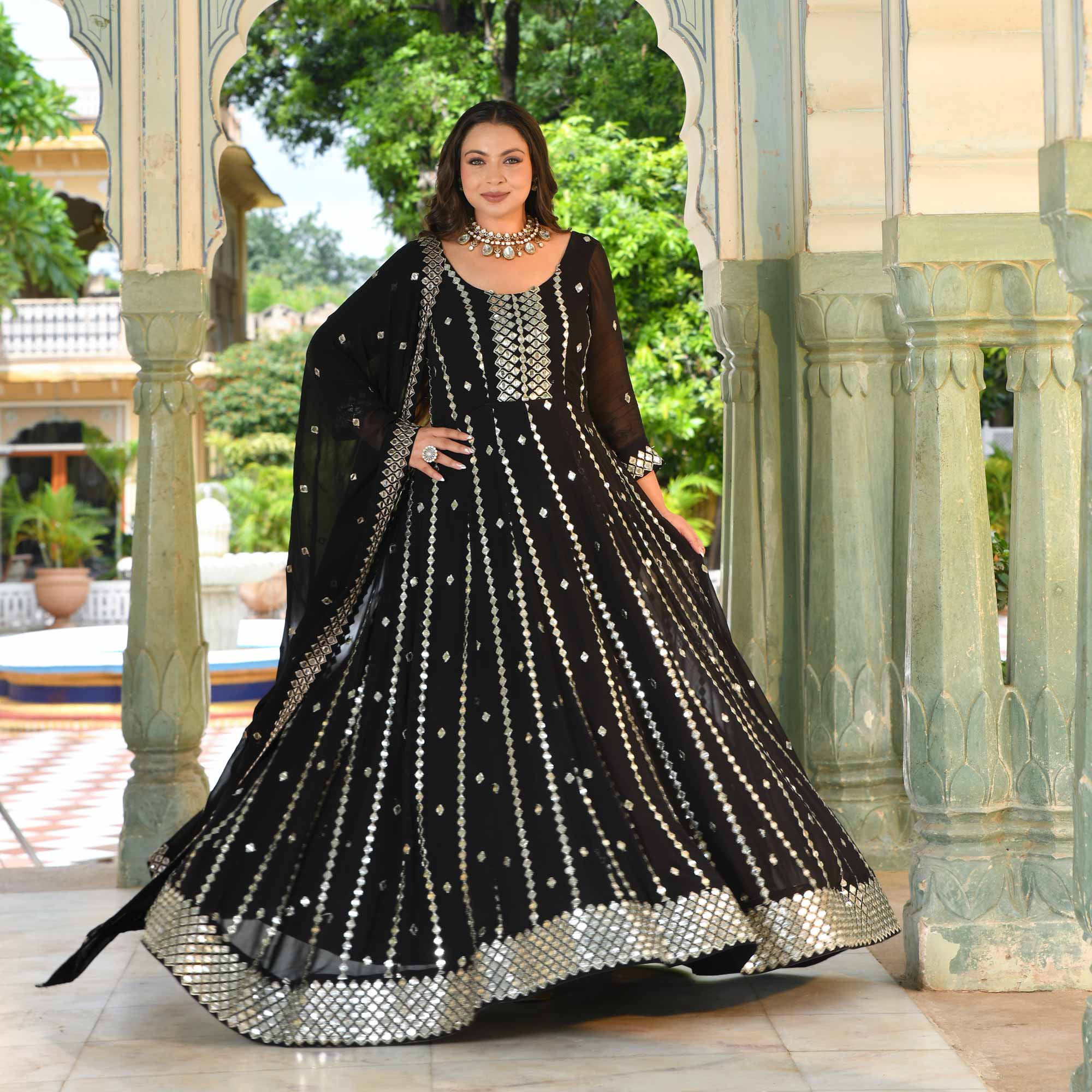 Buy Black Diamond Mirror Embroidered Pure Georgette Anarkali Set