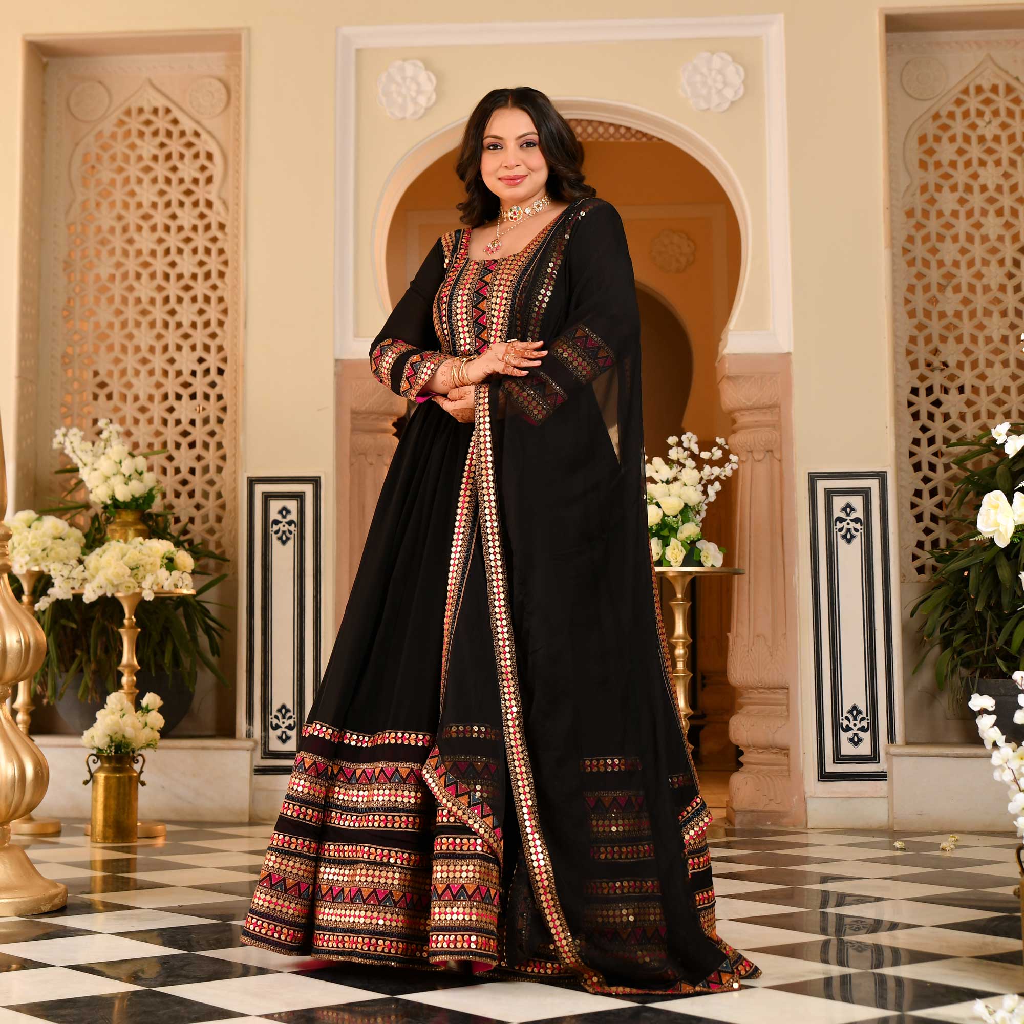 Chand Bali- Black Sequin & Thread Embroidered Georgette Anarkali Set