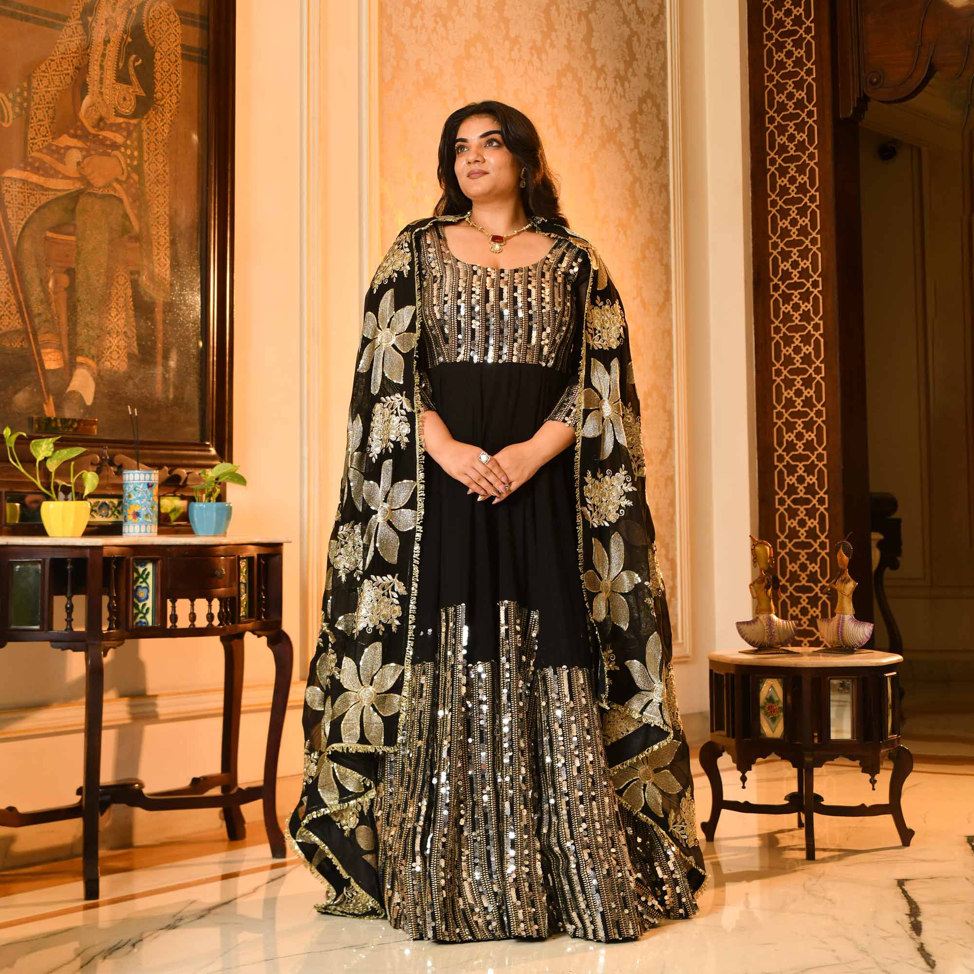 Plus Size Black Georgette Anarkali Set | Meera Creations Store