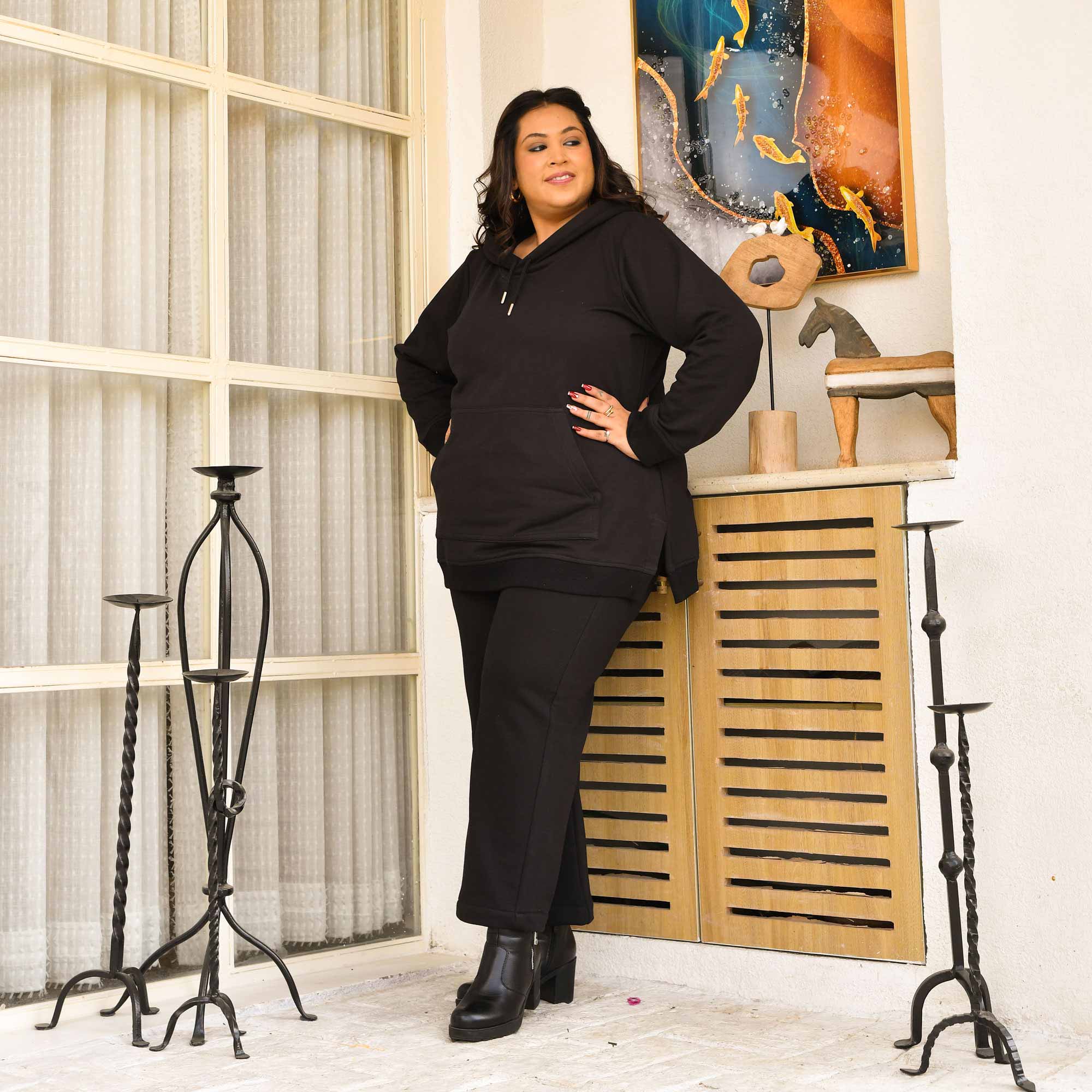 Black Woollen Fleece Pullover Hoodie With Side Slits