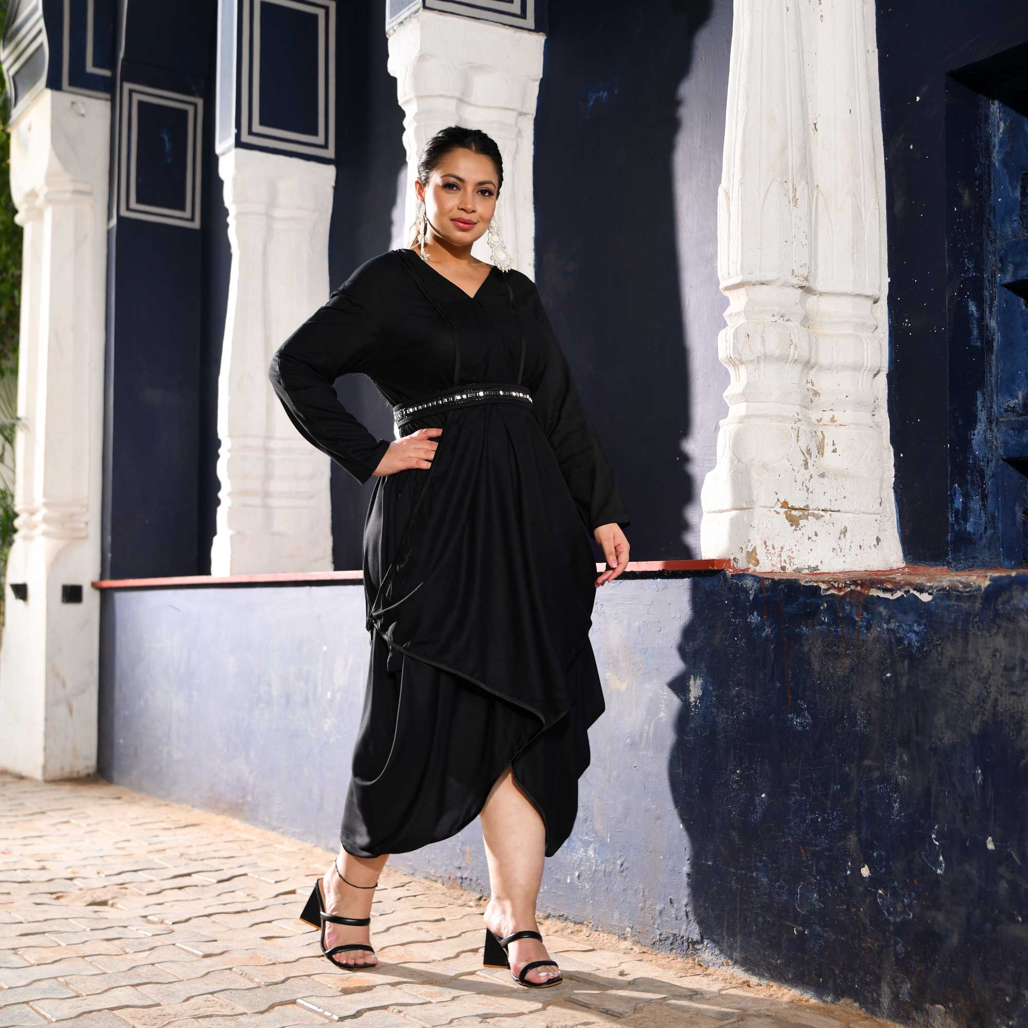 Pitch Black Cowl Dress With Belt