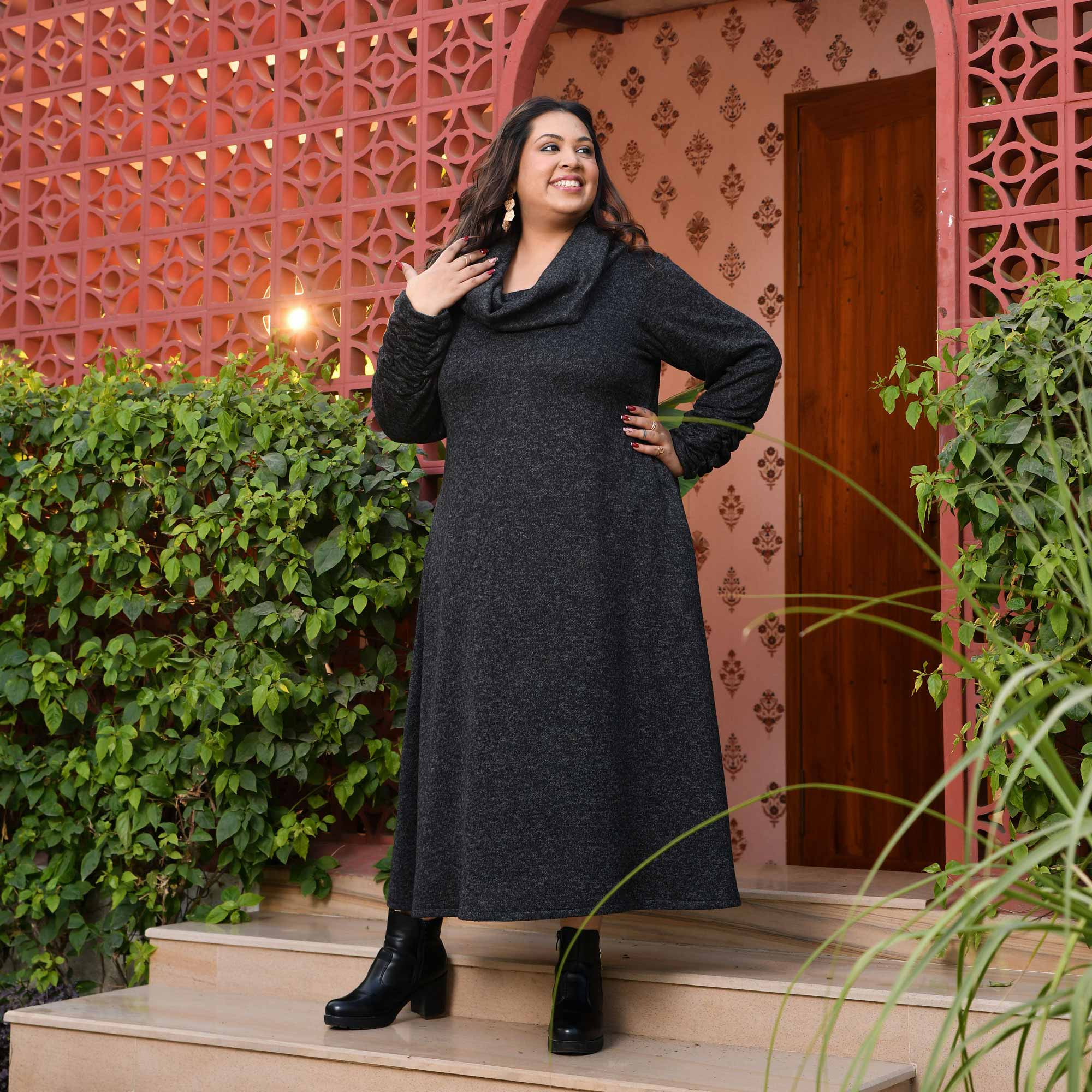 Woollen Greyish Black Stretchable Cowl Neck Aline Dress Woollen Greyish Black Stretchable Cowl Neck Aline Dress