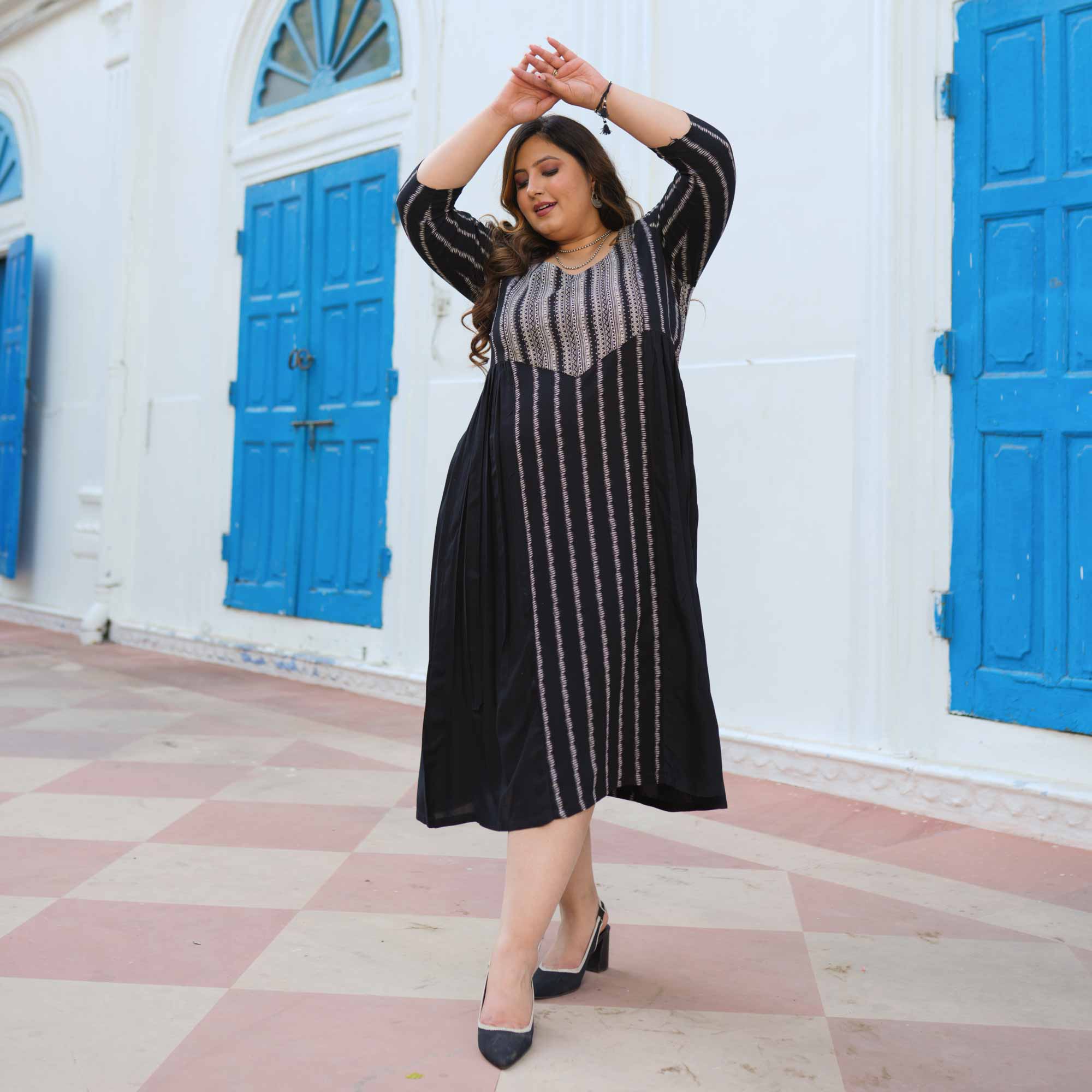 Check-Mate Black Cotton Lycra Aline Dress