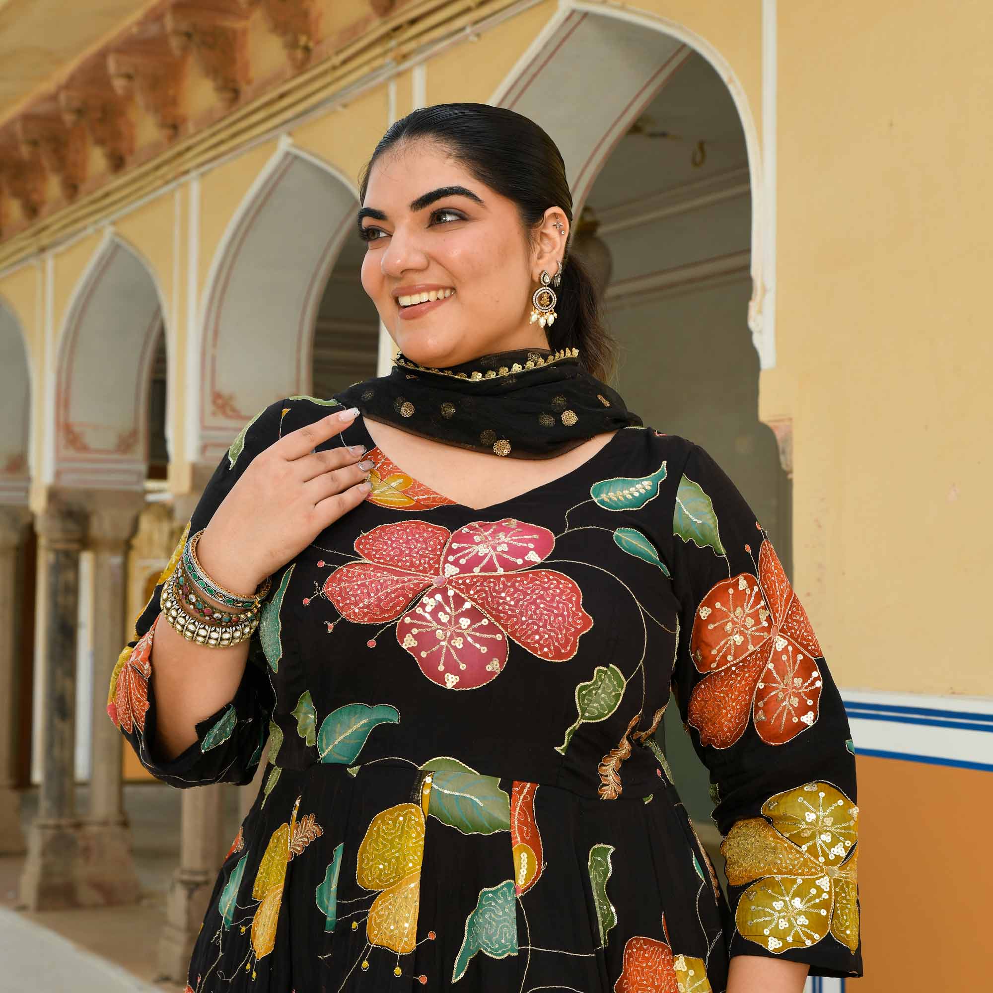 Selina: Black Floral Pure Organza Embroidered Anarkali Set