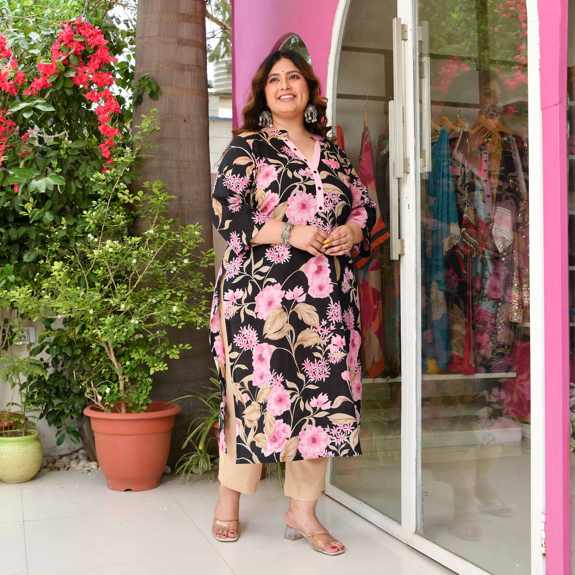 Hollyhocks- Black & Pink Floral Pure Cotton Kurta