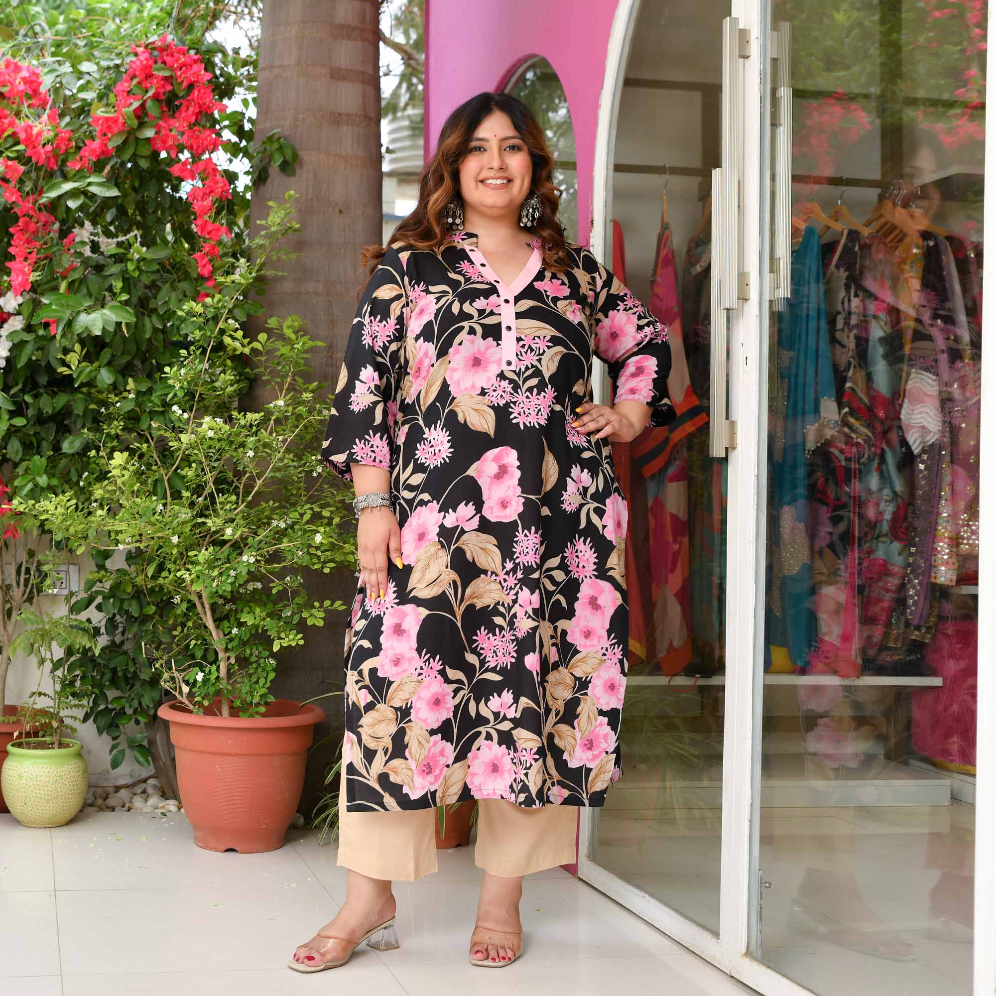 Hollyhocks- Black & Pink Floral Pure Cotton Kurta