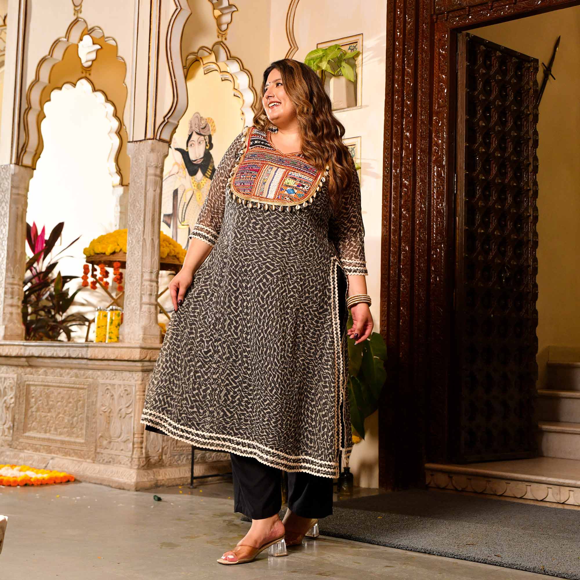 Mohtarma- Black Boho Chiffon Kutch Hand Embroidered Kurta