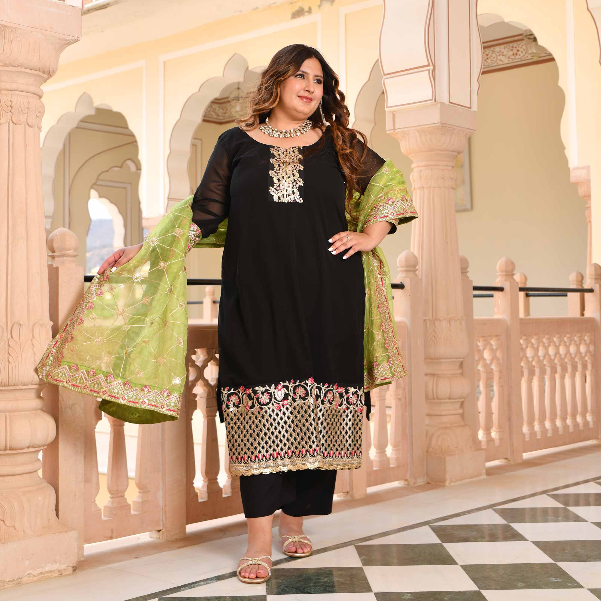 Moss & Midnight Black Georgette Suit Set