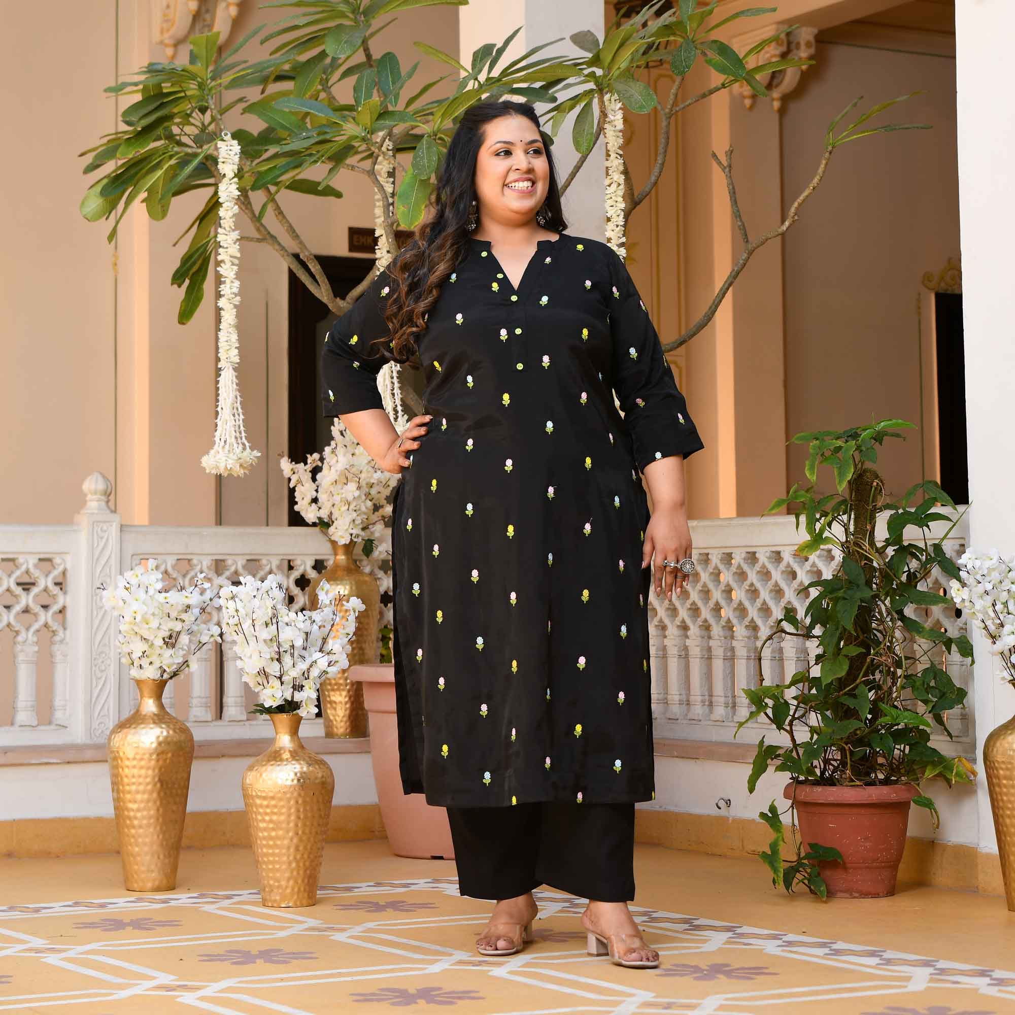 Blackberries- Black Floral Thread Embroidered Mul Chanderi Kurta