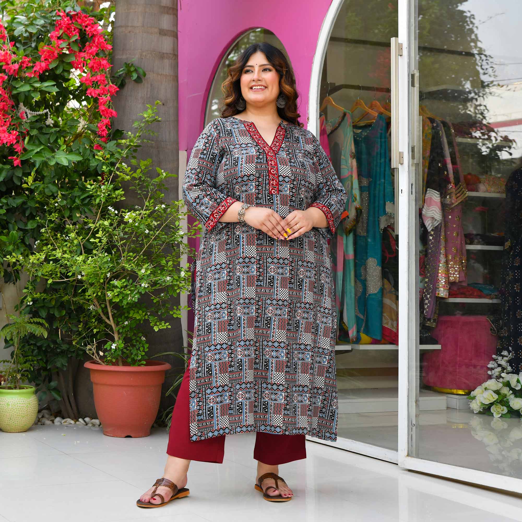 QR Code- Black & Maroon Modal Rayon Ajrakh Printed Kurta