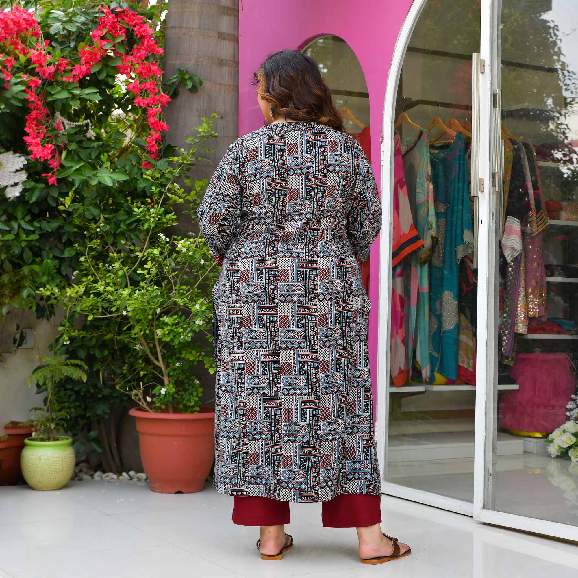 QR Code- Black & Maroon Modal Rayon Ajrakh Printed Kurta