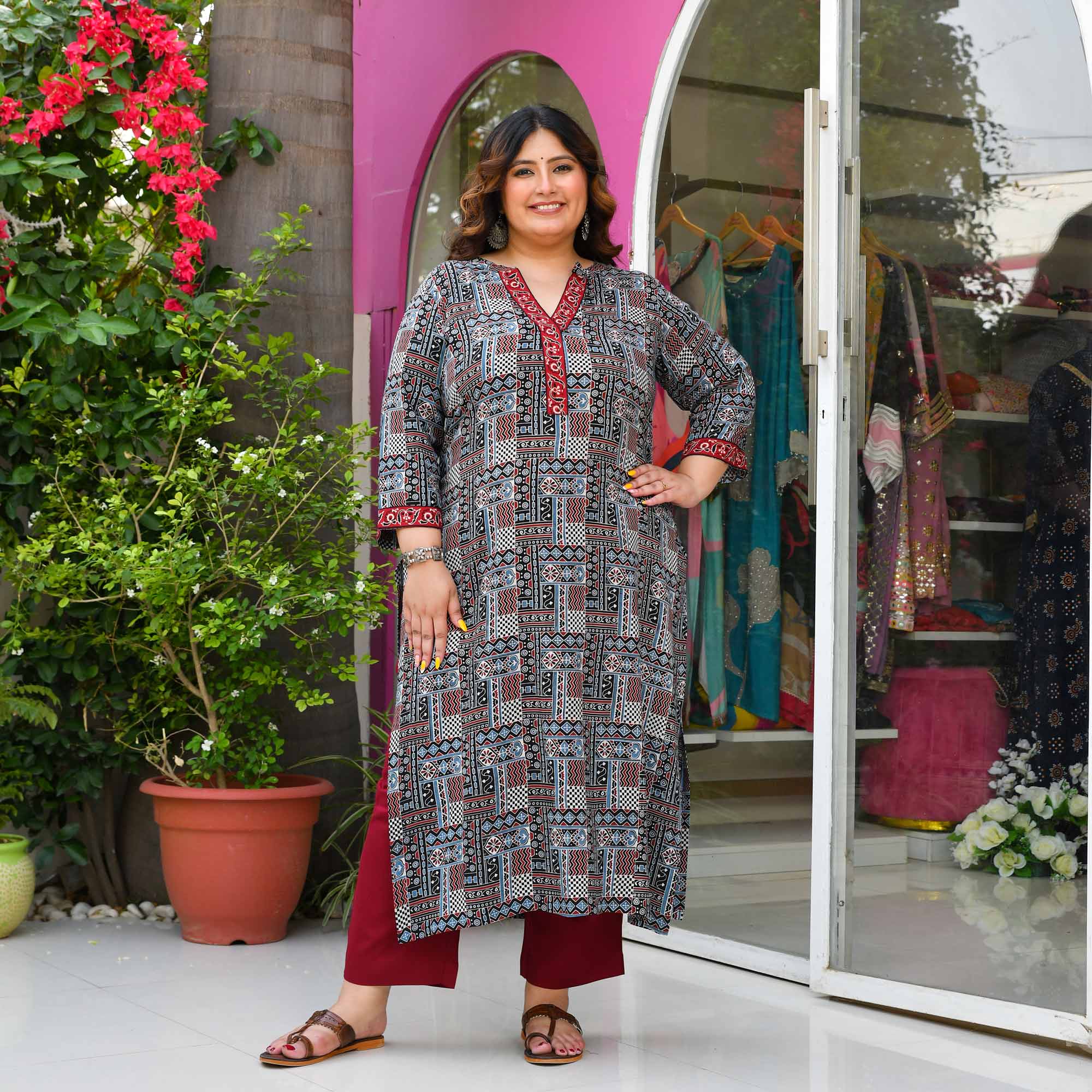 QR Code- Black & Maroon Modal Rayon Ajrakh Printed Kurta