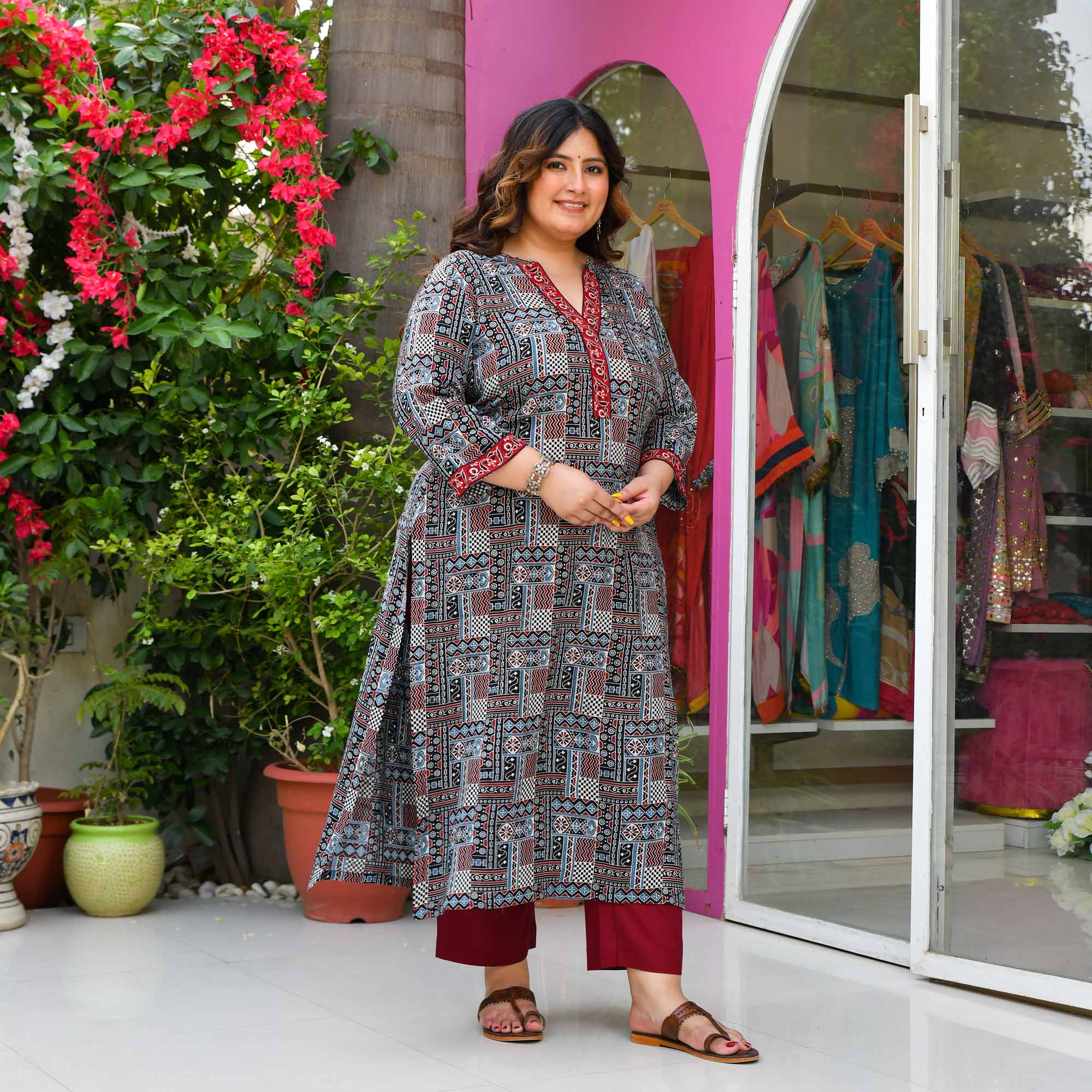 QR Code- Black & Maroon Modal Rayon Ajrakh Printed Kurta