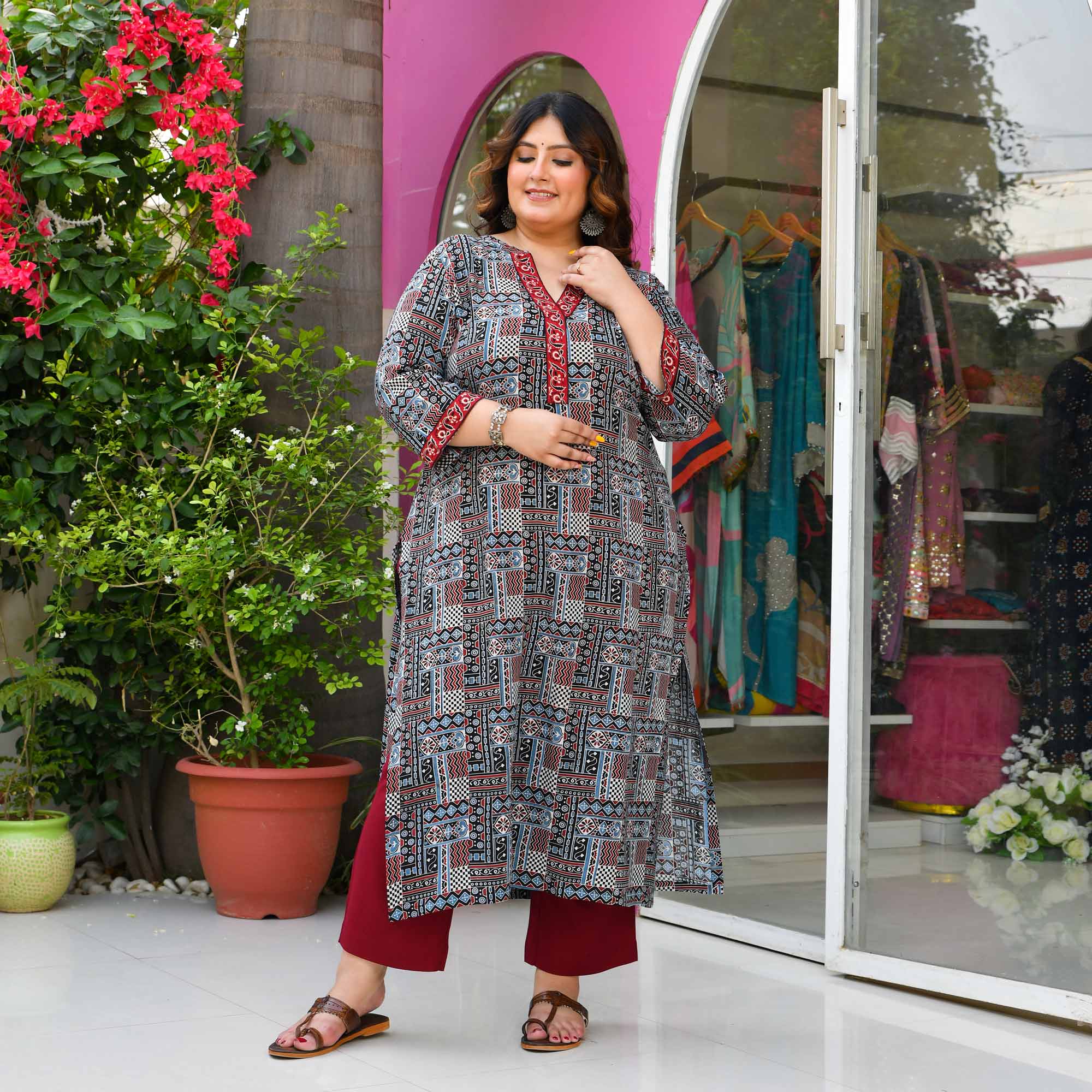 QR Code- Black & Maroon Modal Rayon Ajrakh Printed Kurta