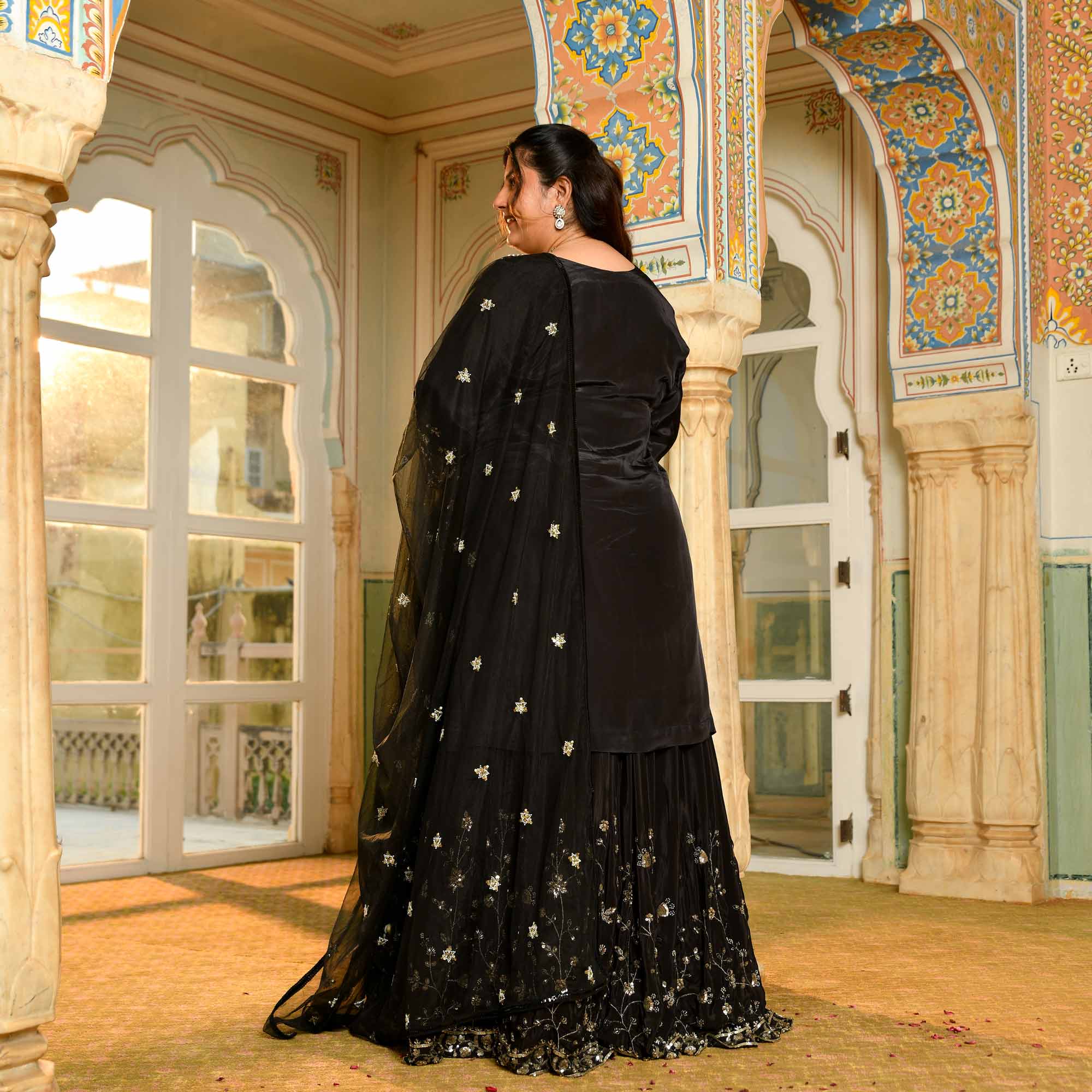 Raat Ki Rani- Black Pure Crepe Cutdana Embroidered Lehenga Set