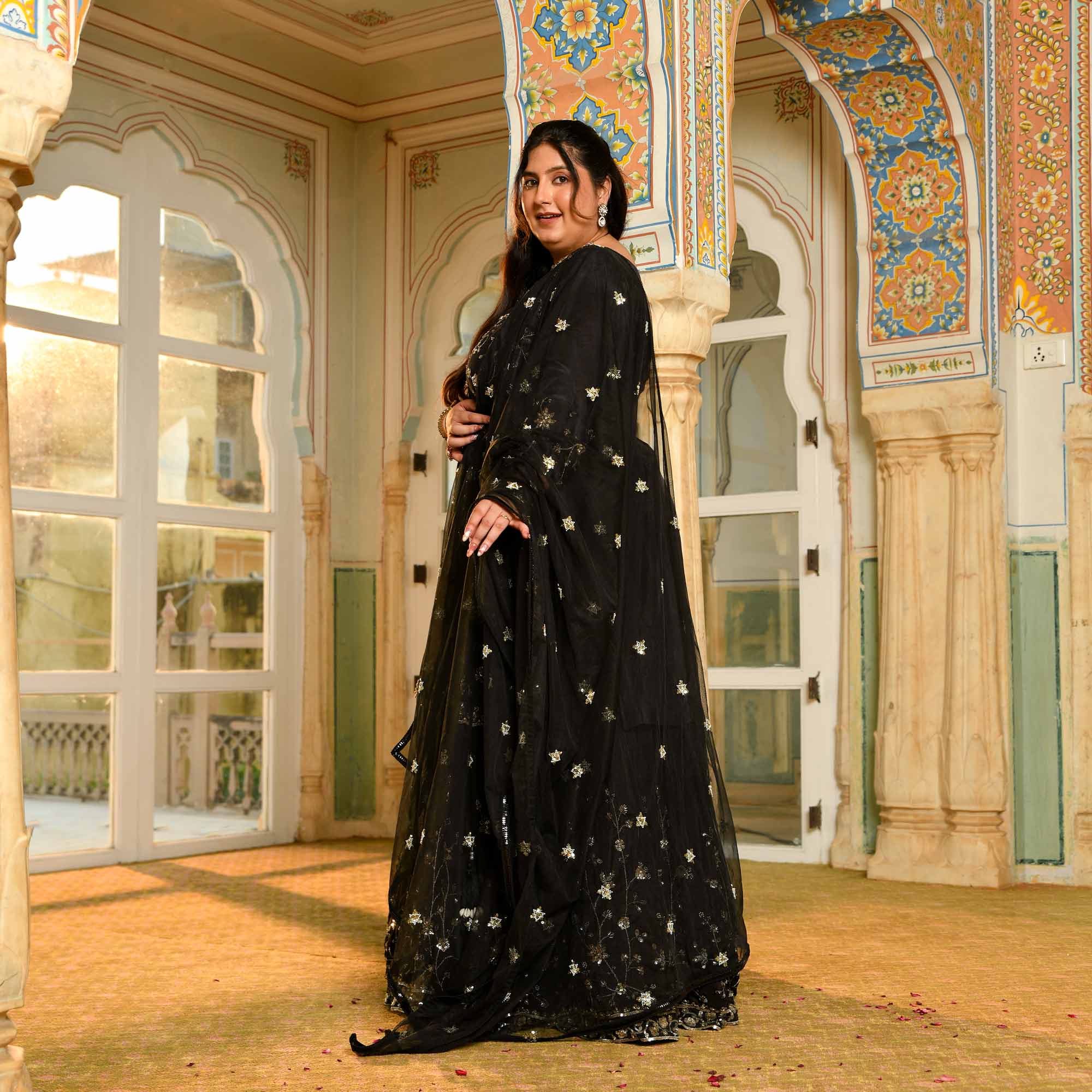 Raat Ki Rani- Black Pure Crepe Cutdana Embroidered Lehenga Set