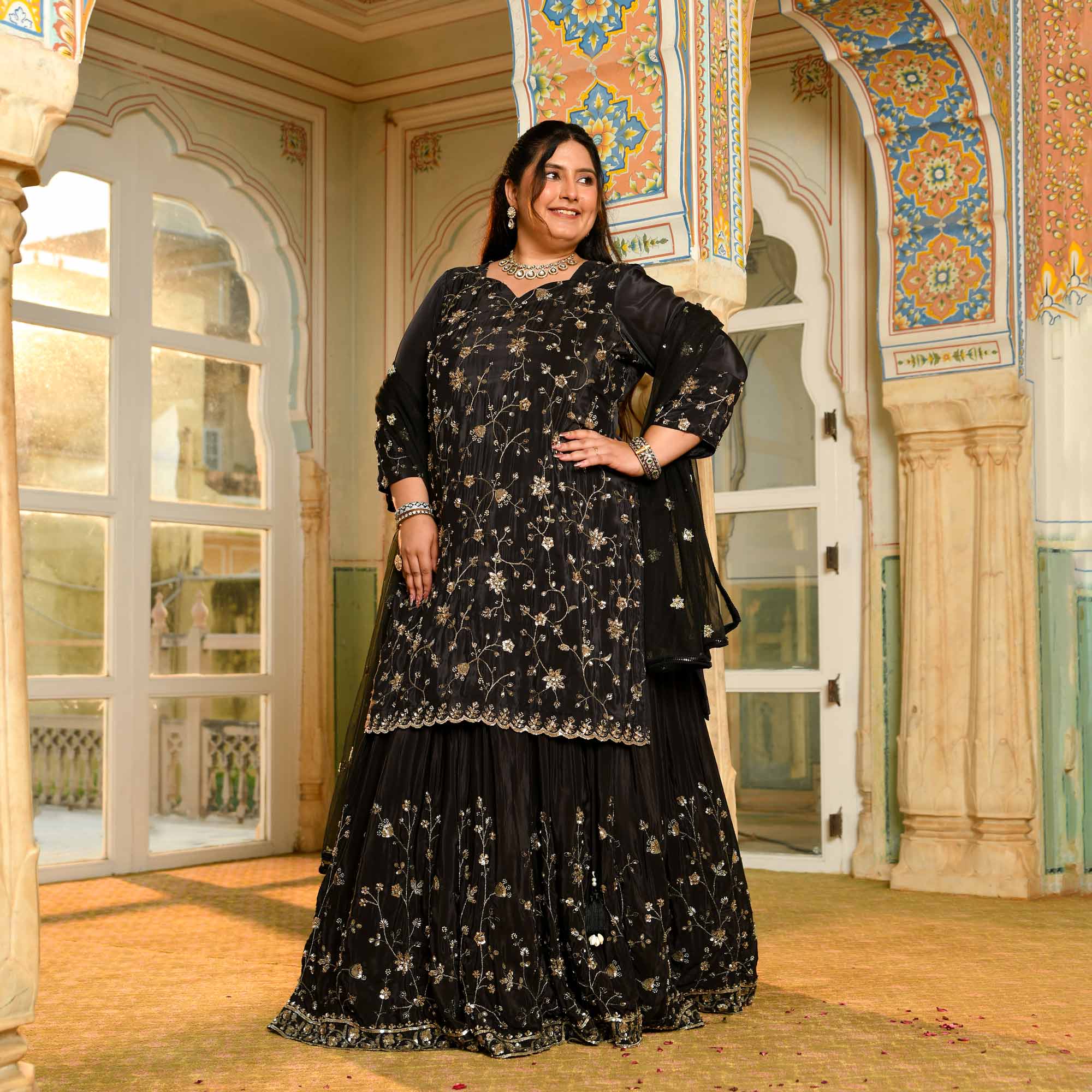Raat Ki Rani- Black Pure Crepe Cutdana Embroidered Lehenga Set