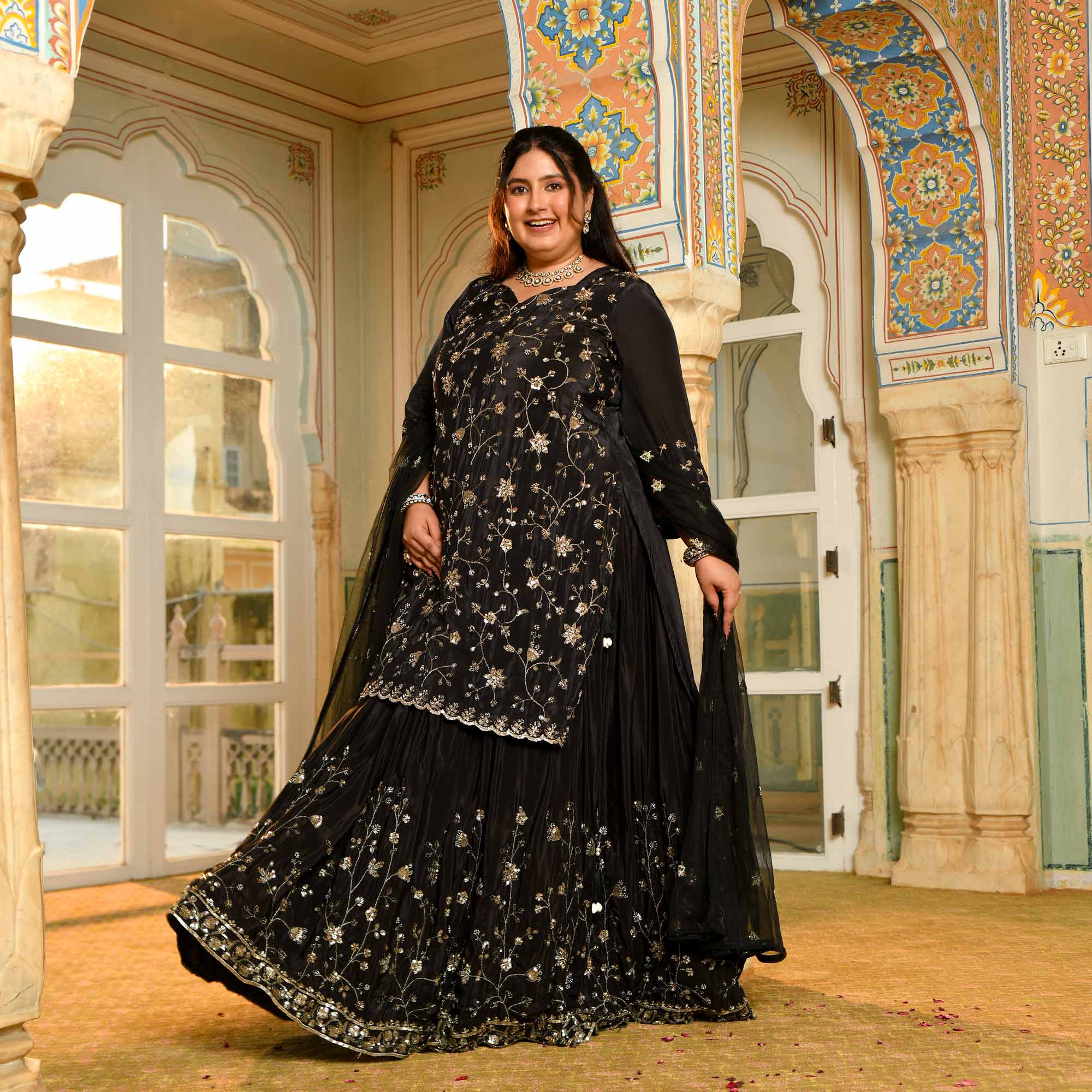 Raat Ki Rani- Black Pure Crepe Cutdana Embroidered Lehenga Set
