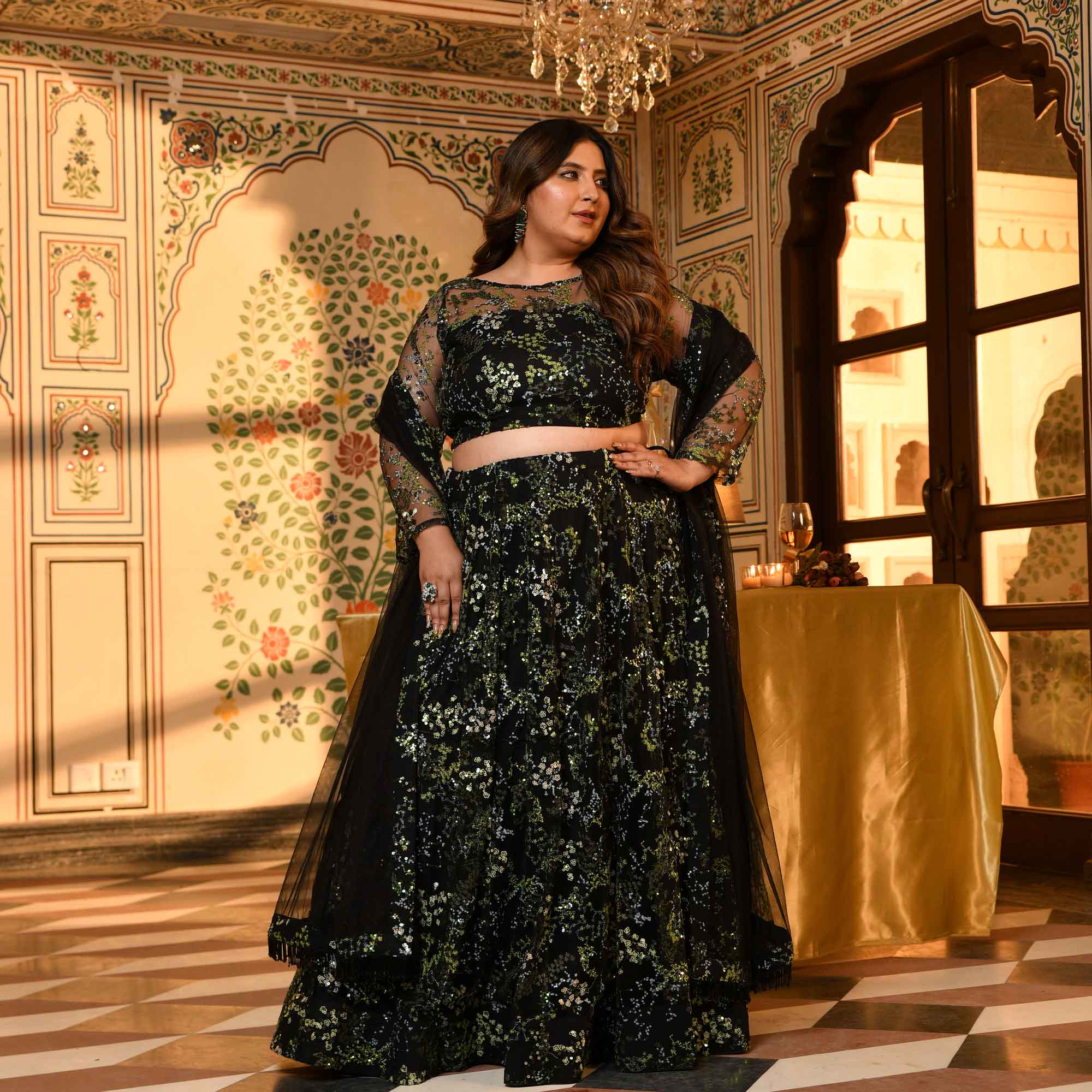 Midori - Black & Green Sequin Embellished Net Lehenga Set