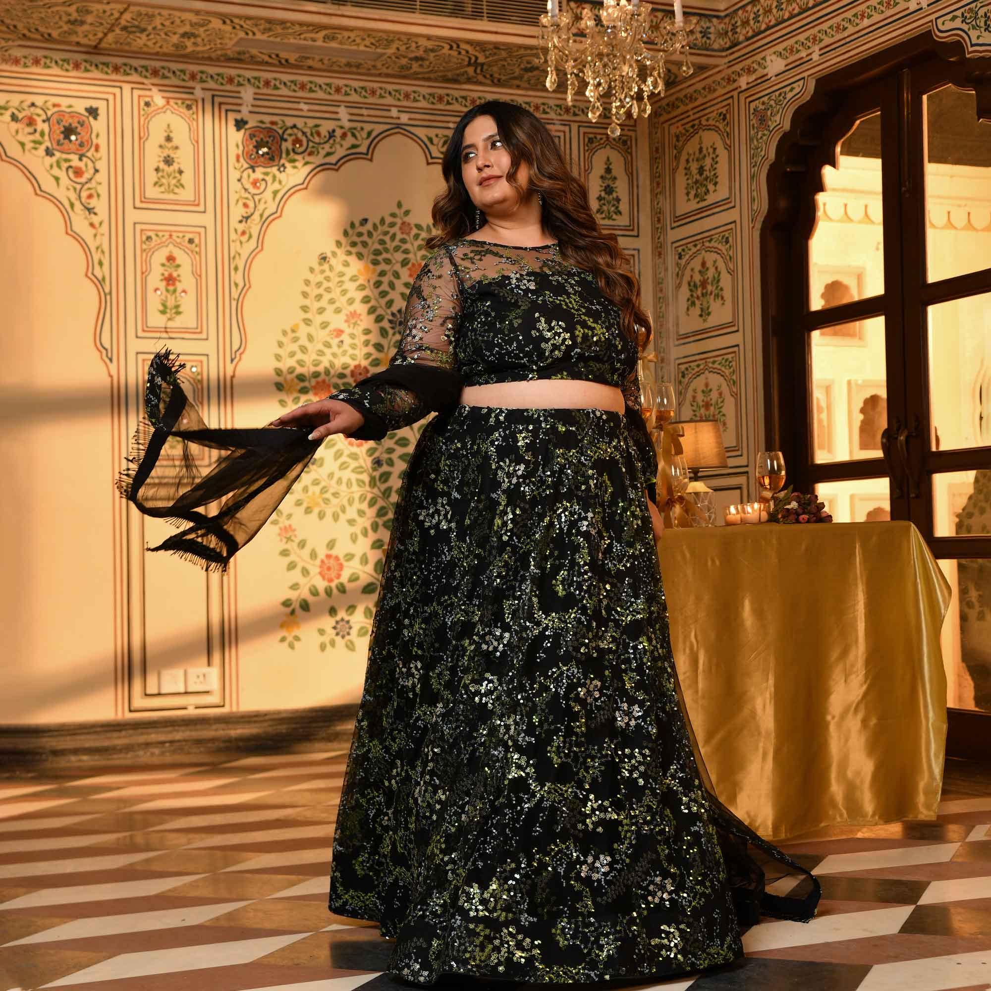 Midori - Black & Green Sequin Embellished Net Lehenga Set