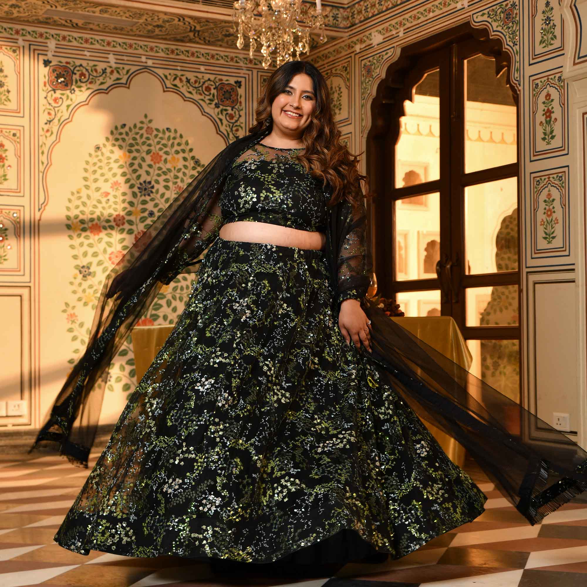 Midori - Black & Green Sequin Embellished Net Lehenga Set