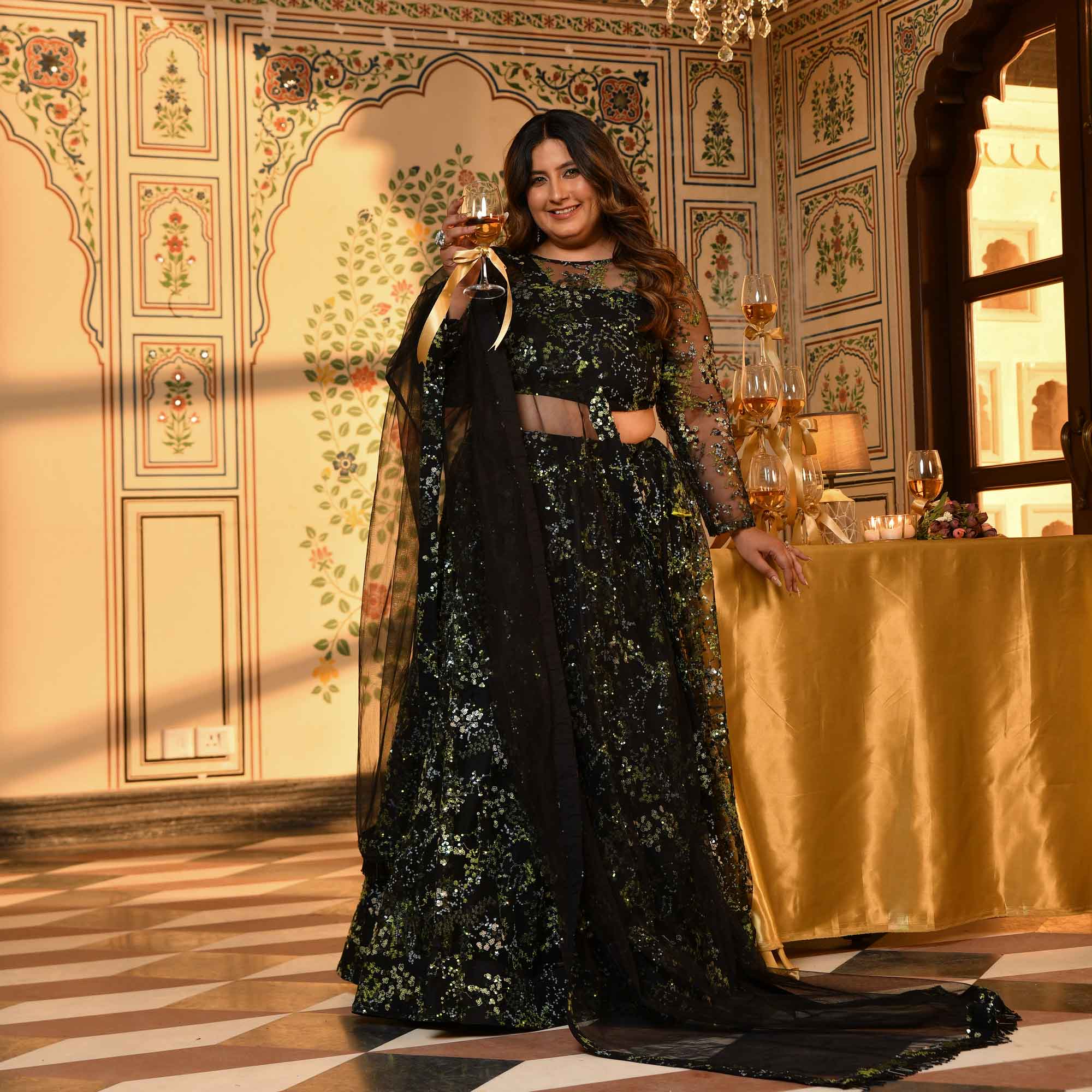 Midori - Black & Green Sequin Embellished Net Lehenga Set