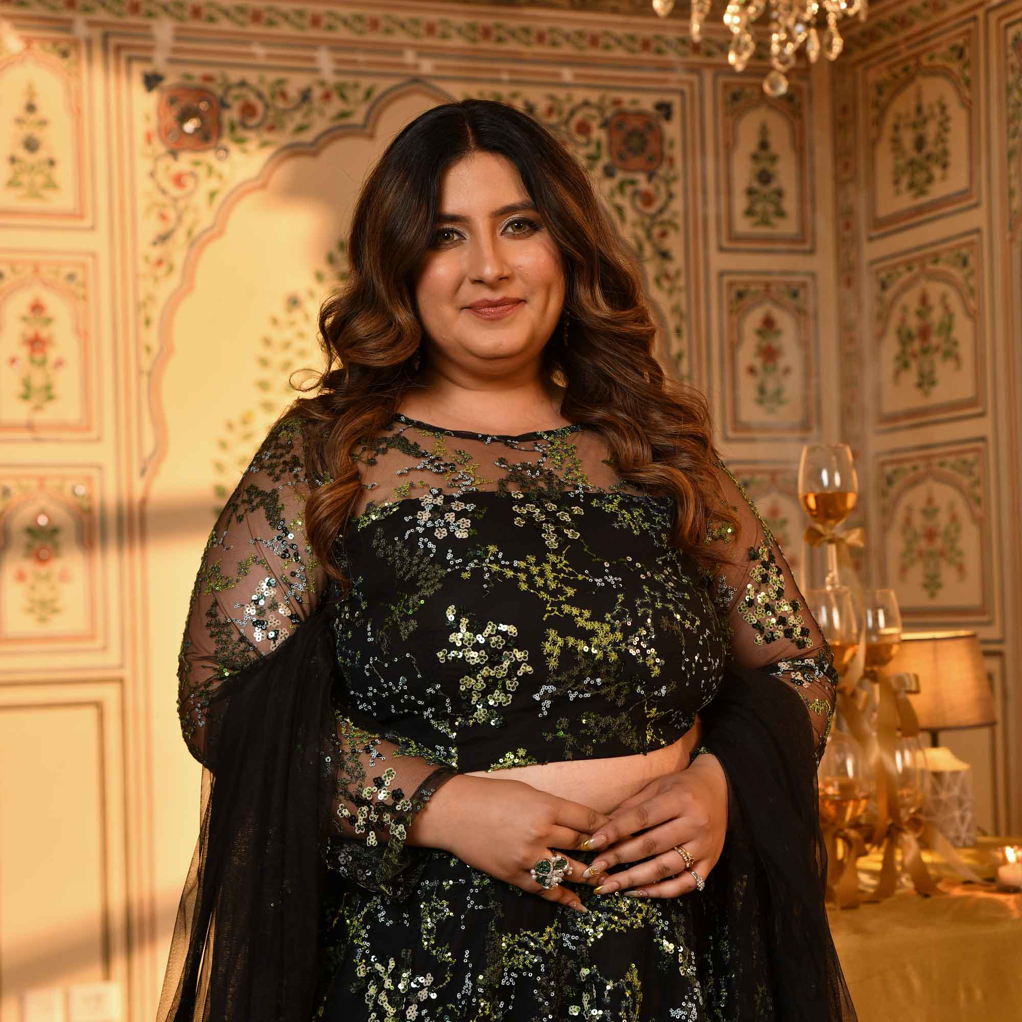 Midori - Black & Green Sequin Embellished Net Lehenga Set