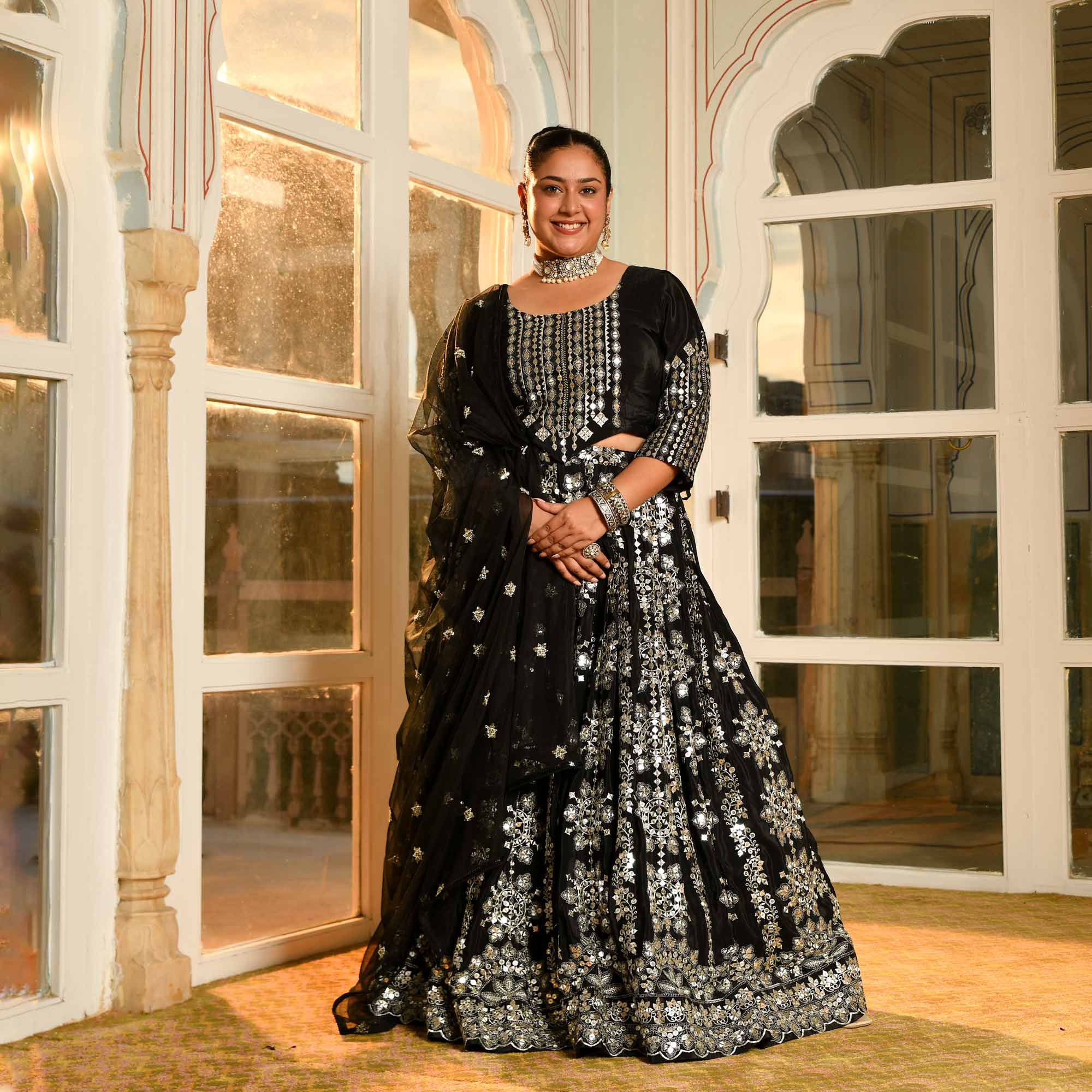 Ishq ki Raat- Black Crepe Mirror Embroidered Lehenga Set